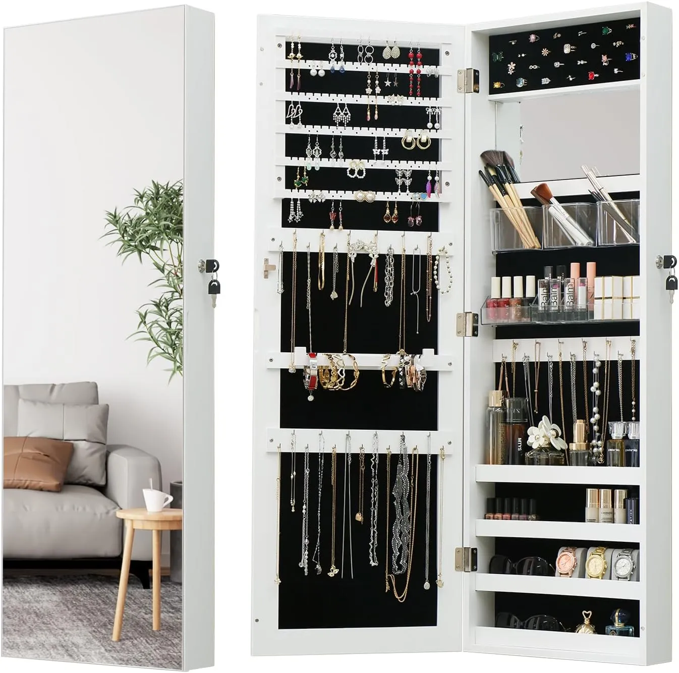 Full Length Mirror Jewelry Cabinet - 2-in-1 Organizer for Makeup and Jewelry,Lockable Door Wall-Mounted Jewelry Armoire with Shelves and Behind the Door Storage White
