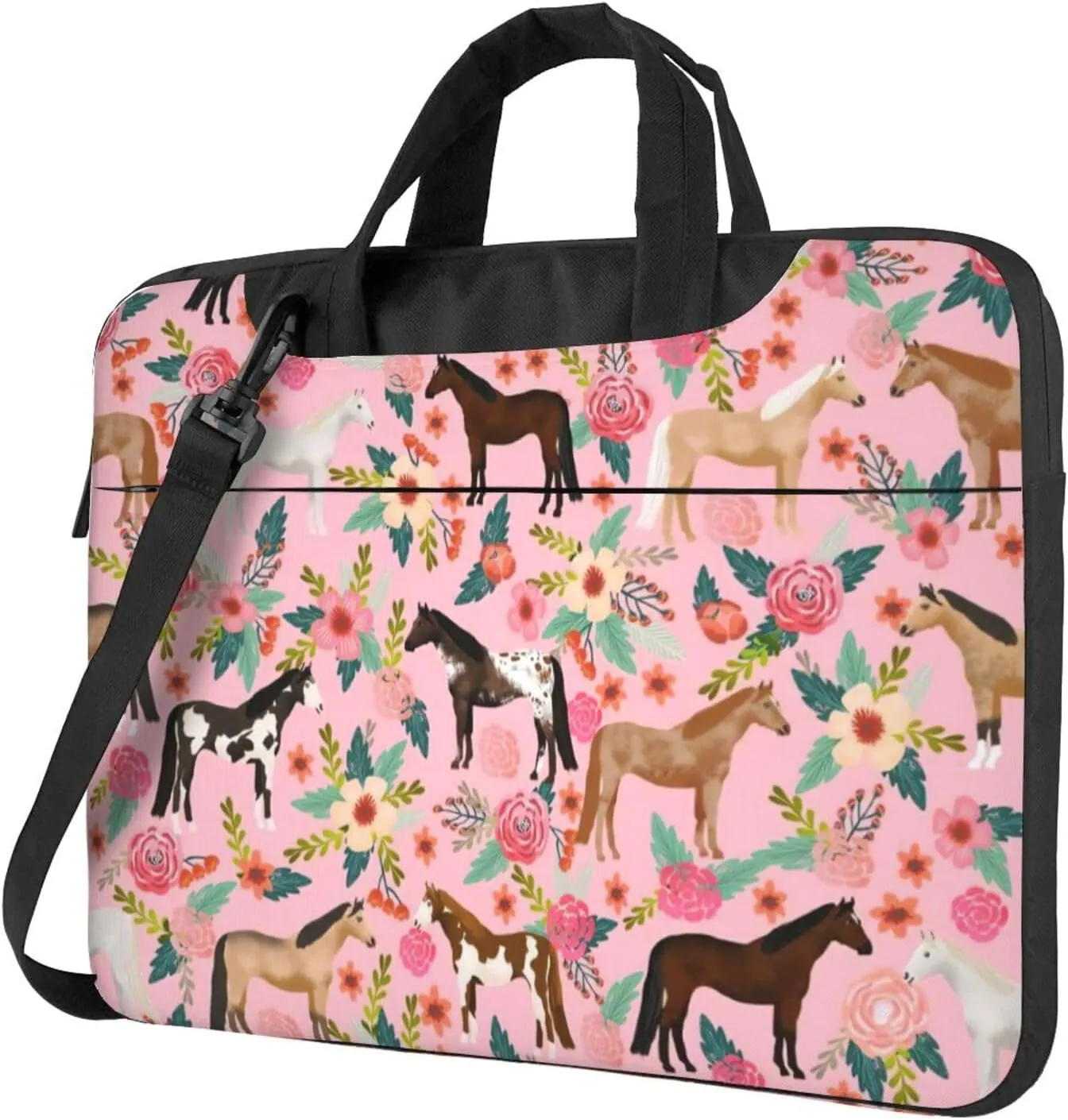 Fun Soft 13 Inch Horses Floral Horse Breeds Farm Flowers Laptop Case Protective Shoulder Laptop Shoulder Messenger Bag Briefcase Bag Case Sleeve Carrying Case For Ultrabook Men With Adjustable Strap
