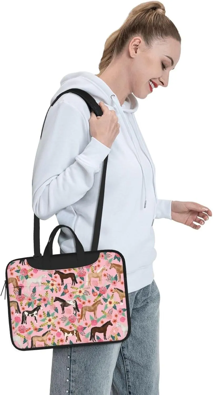 Fun Soft 13 Inch Horses Floral Horse Breeds Farm Flowers Laptop Case Protective Shoulder Laptop Shoulder Messenger Bag Briefcase Bag Case Sleeve Carrying Case For Ultrabook Men With Adjustable Strap