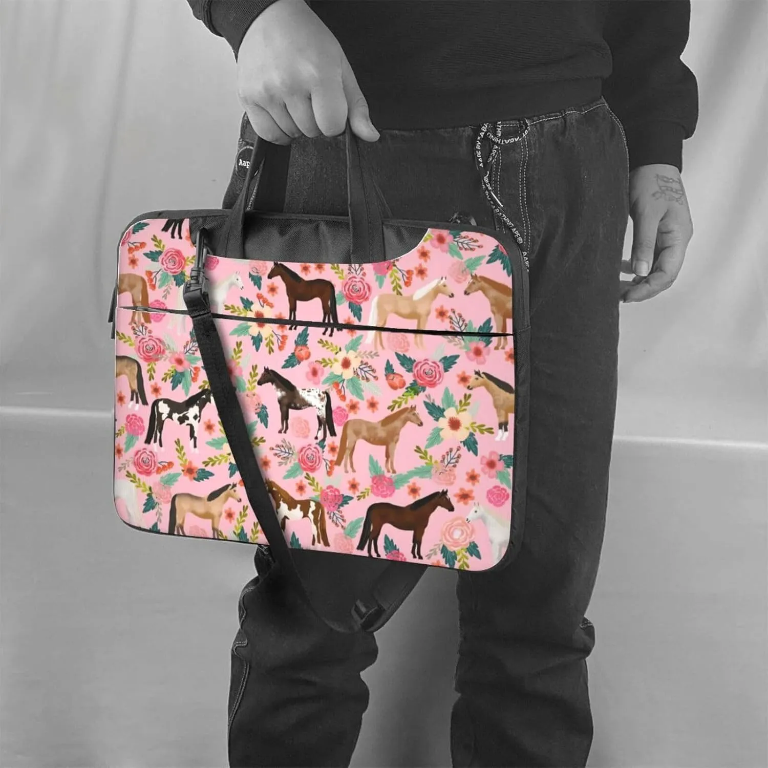 Fun Soft 13 Inch Horses Floral Horse Breeds Farm Flowers Laptop Case Protective Shoulder Laptop Shoulder Messenger Bag Briefcase Bag Case Sleeve Carrying Case For Ultrabook Men With Adjustable Strap