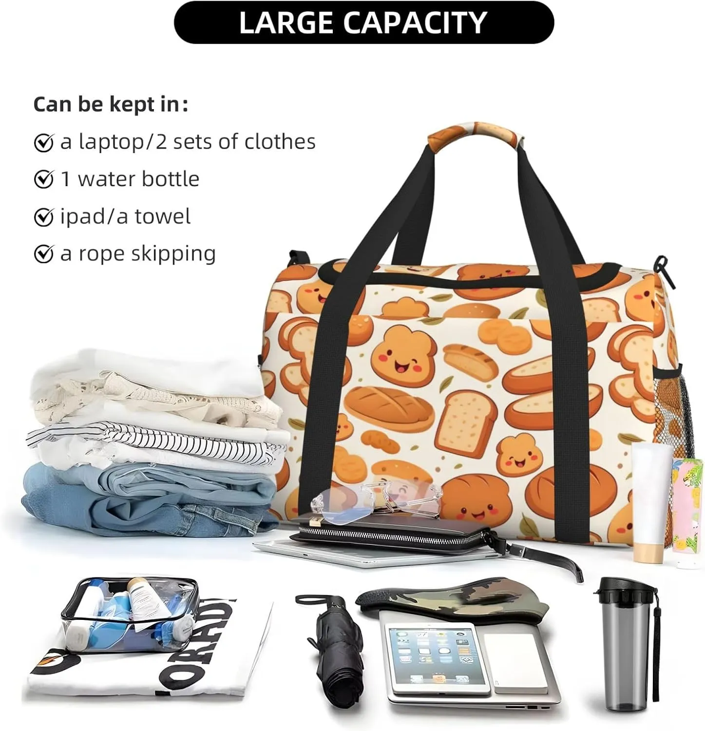 Funny Bread Big Capacity Sports Gym Bag Portable Travel Duffle Bag, Fall Leaf Lightweight Weekender Workout Bag for Overnight, Unisex
