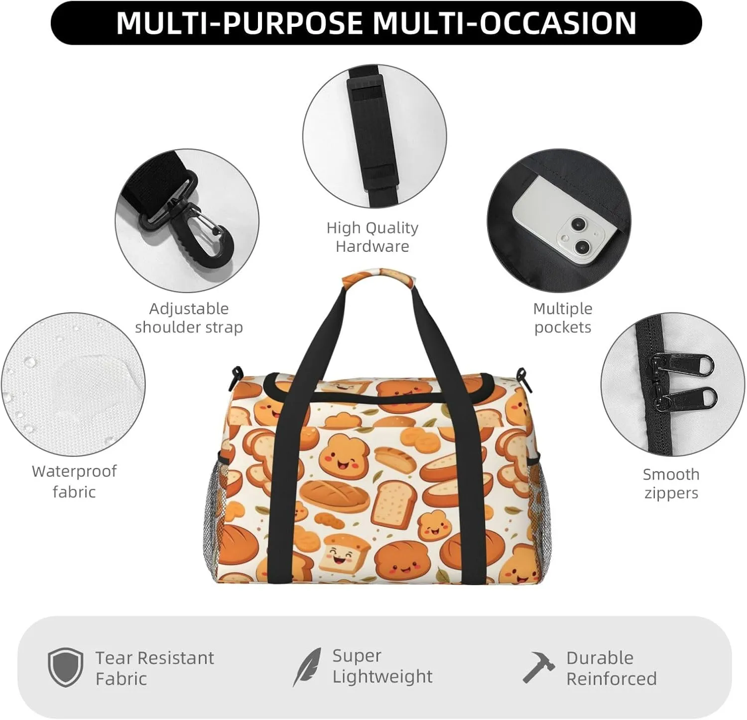Funny Bread Big Capacity Sports Gym Bag Portable Travel Duffle Bag, Fall Leaf Lightweight Weekender Workout Bag for Overnight, Unisex