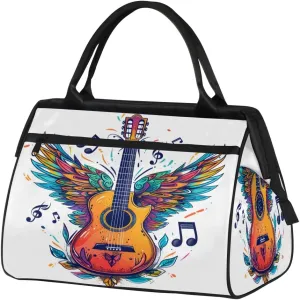 Funny Guitar With Wings Music Note Travel Duffle Bag, Waterproof Duffel Bag Weekender Overnight Carry On Bag Lightweight Sport Gym Bag for Men Women