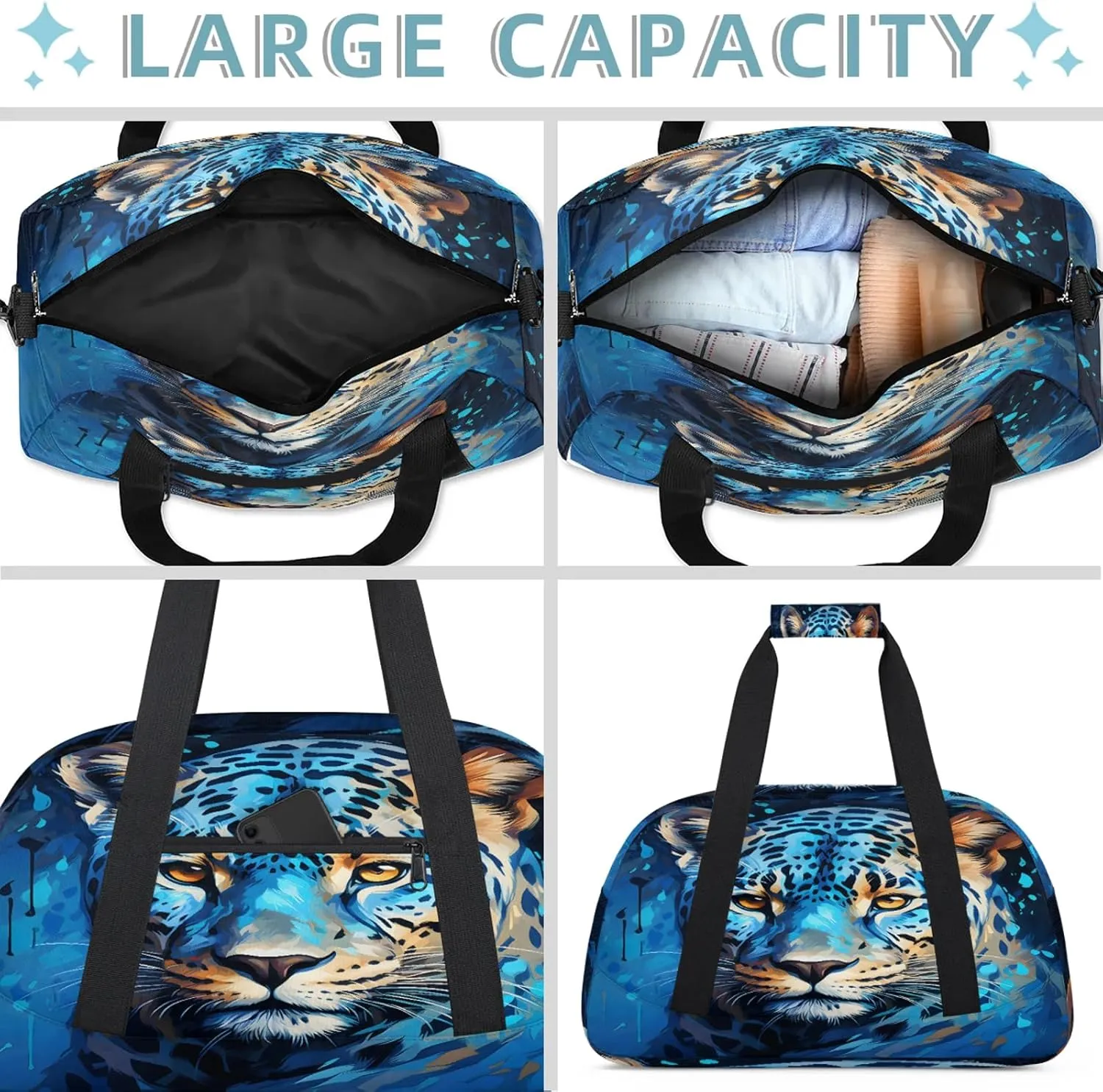 Funny Leopard Small Gym Bag 18 inch Carry On Duffel Bag for Weekender Travel Sports Workout Yoga Gymnastics Dance Ballet