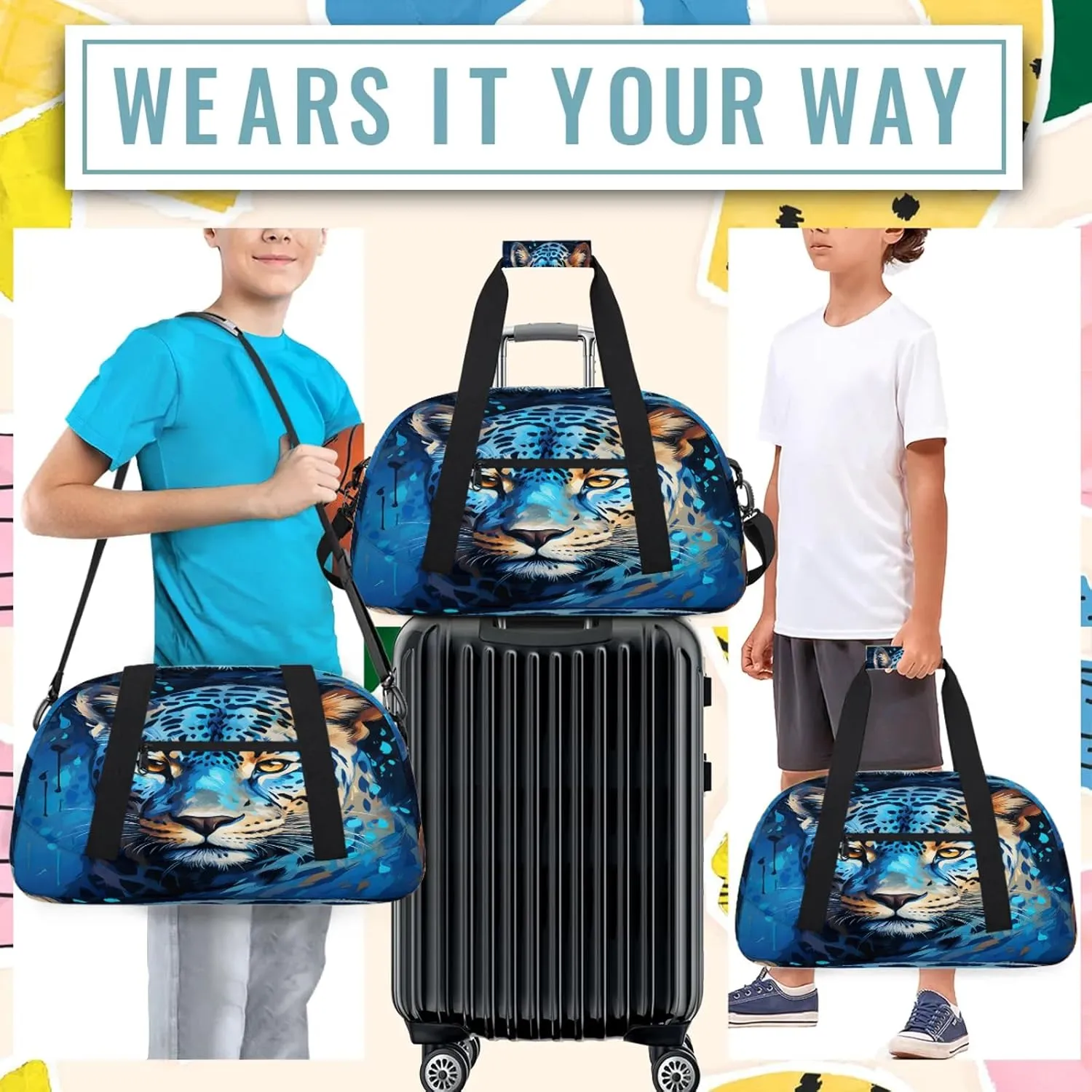 Funny Leopard Small Gym Bag 18 inch Carry On Duffel Bag for Weekender Travel Sports Workout Yoga Gymnastics Dance Ballet
