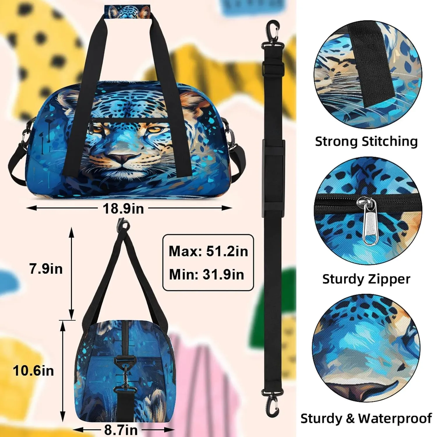 Funny Leopard Small Gym Bag 18 inch Carry On Duffel Bag for Weekender Travel Sports Workout Yoga Gymnastics Dance Ballet