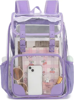 Fuyicat Clear Backpack Heavy Duty PVC Transparent Girls Kids School Backpacks Stadium Approved See Through College Bookbag for Women (Purple)