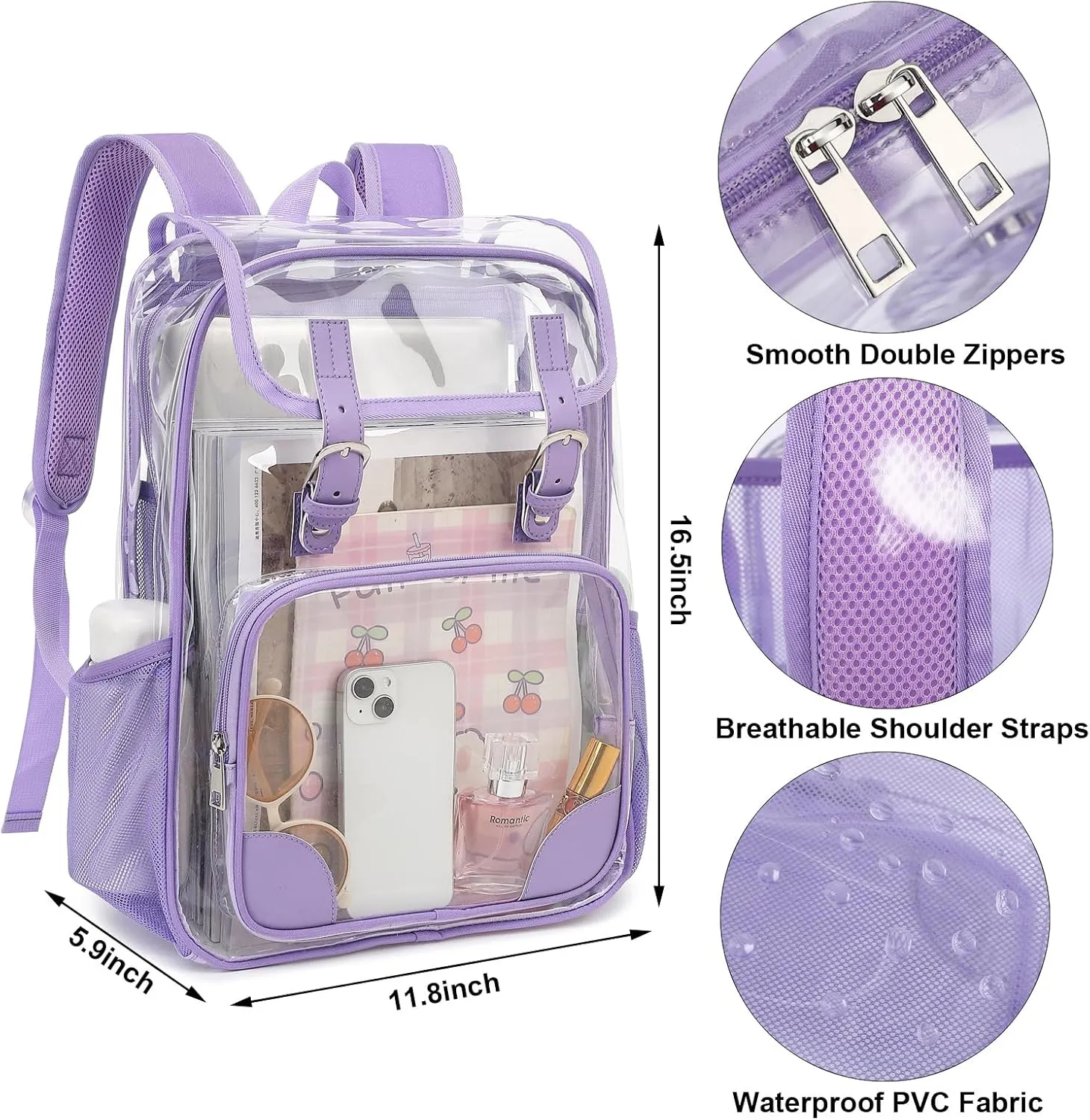 Fuyicat Clear Backpack Heavy Duty PVC Transparent Girls Kids School Backpacks Stadium Approved See Through College Bookbag for Women (Purple)