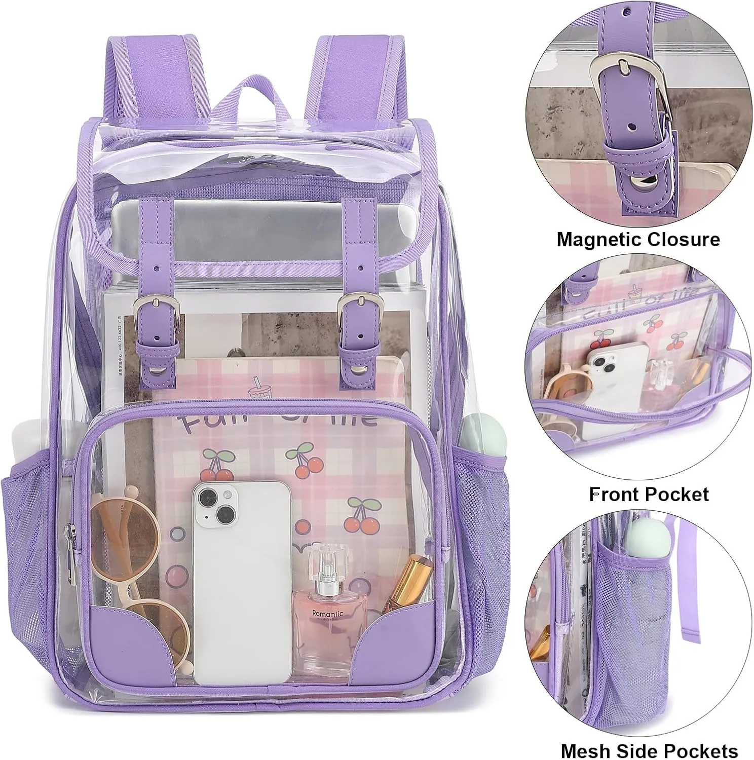 Fuyicat Clear Backpack Heavy Duty PVC Transparent Girls Kids School Backpacks Stadium Approved See Through College Bookbag for Women (Purple)