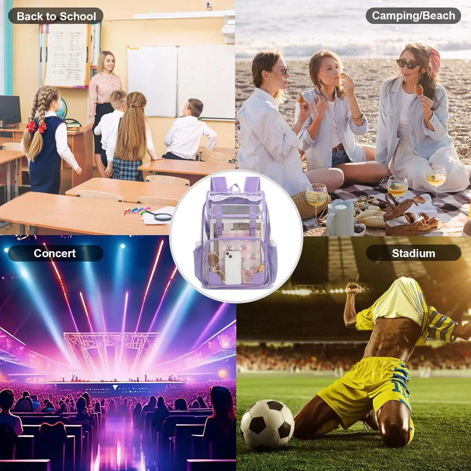 Fuyicat Clear Backpack Heavy Duty PVC Transparent Girls Kids School Backpacks Stadium Approved See Through College Bookbag for Women (Purple)