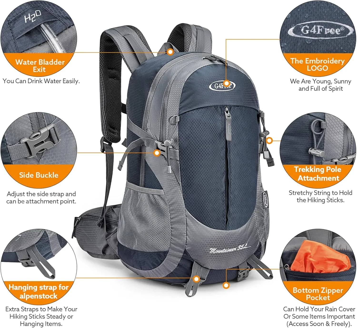 G4Free 35L Hiking Backpack Water Resistant Outdoor Sports Travel Daypack Lightweight with Rain Cover for Women Men (Navy Blue)