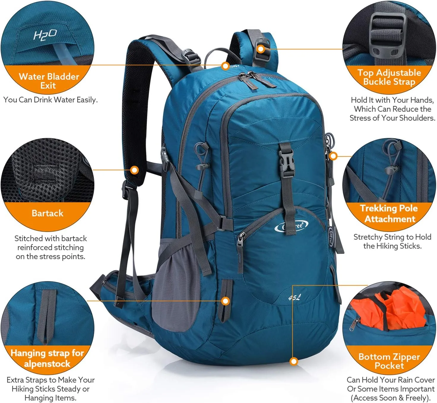 G4Free 45L Hiking Travel Backpack Waterproof with Rain Cover, Outdoor Camping Daypack for Men Women (Grey Blue)