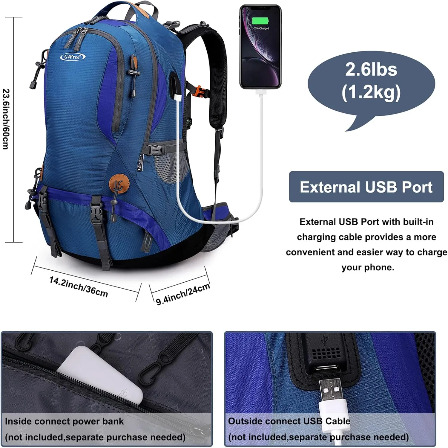 G4Free 50L Hiking Backpack Waterproof Daypack Outdoor Camping Climbing Backpack with Rain Cover for Men Women