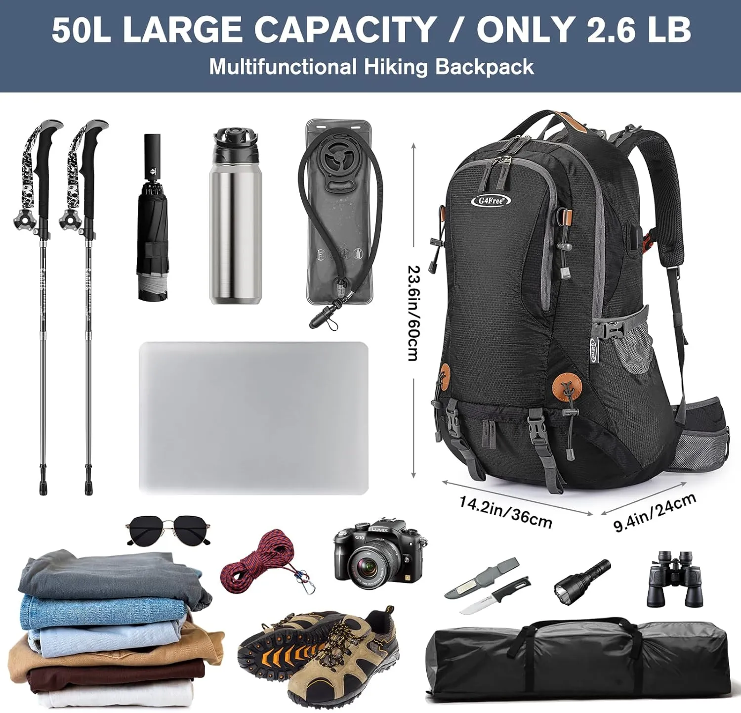 G4Free 50L Hiking Backpack Waterproof Daypack Outdoor Camping Climbing Backpack with Rain Cover for Men Women