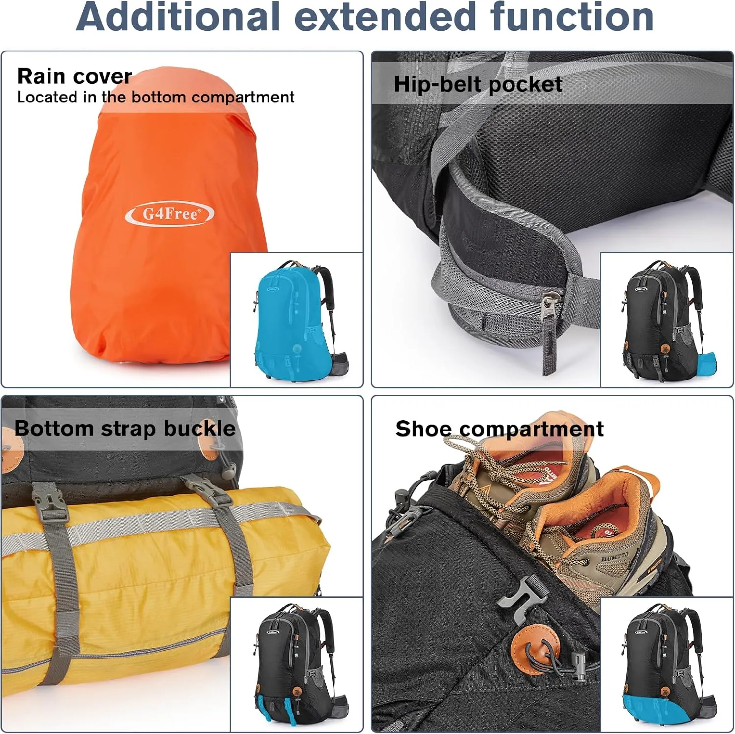 G4Free 50L Hiking Backpack Waterproof Daypack Outdoor Camping Climbing Backpack with Rain Cover for Men Women