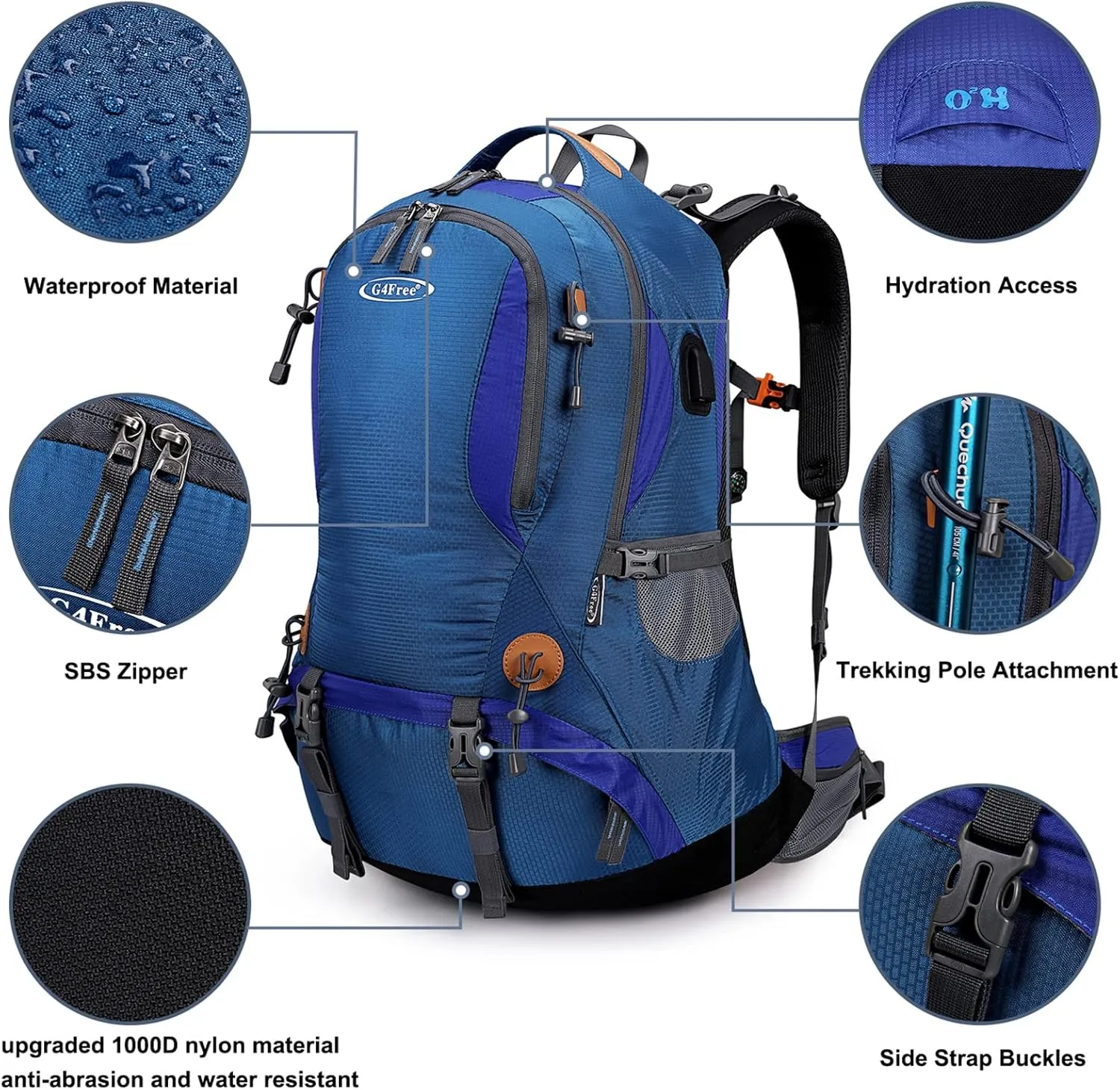 G4Free 50L Hiking Backpack Waterproof Daypack Outdoor Camping Climbing Backpack with Rain Cover for Men Women