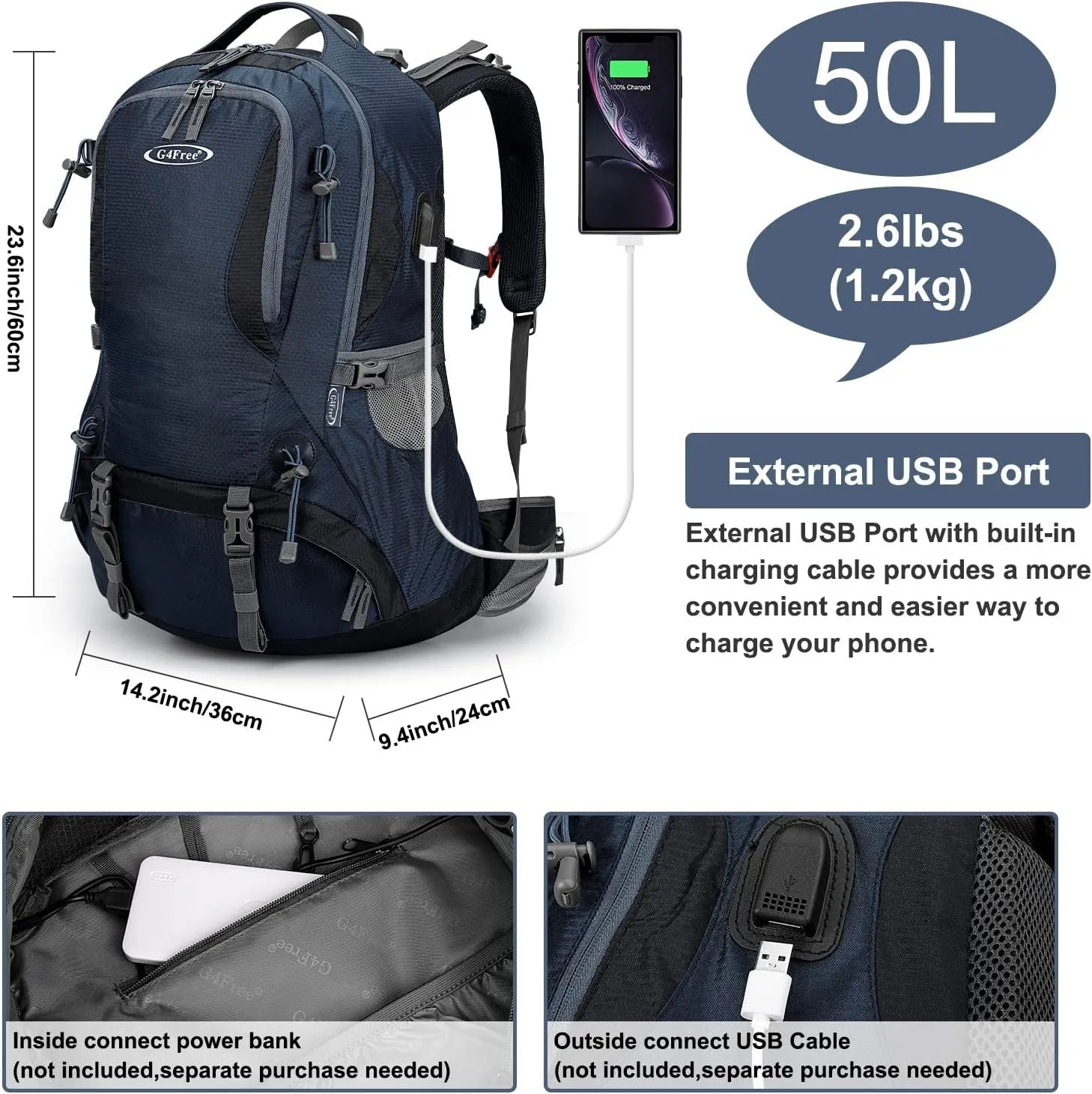 G4Free 50L Hiking Backpack Waterproof Daypack Outdoor Camping Climbing Backpack with Rain Cover for Men Women(Dark Blue)