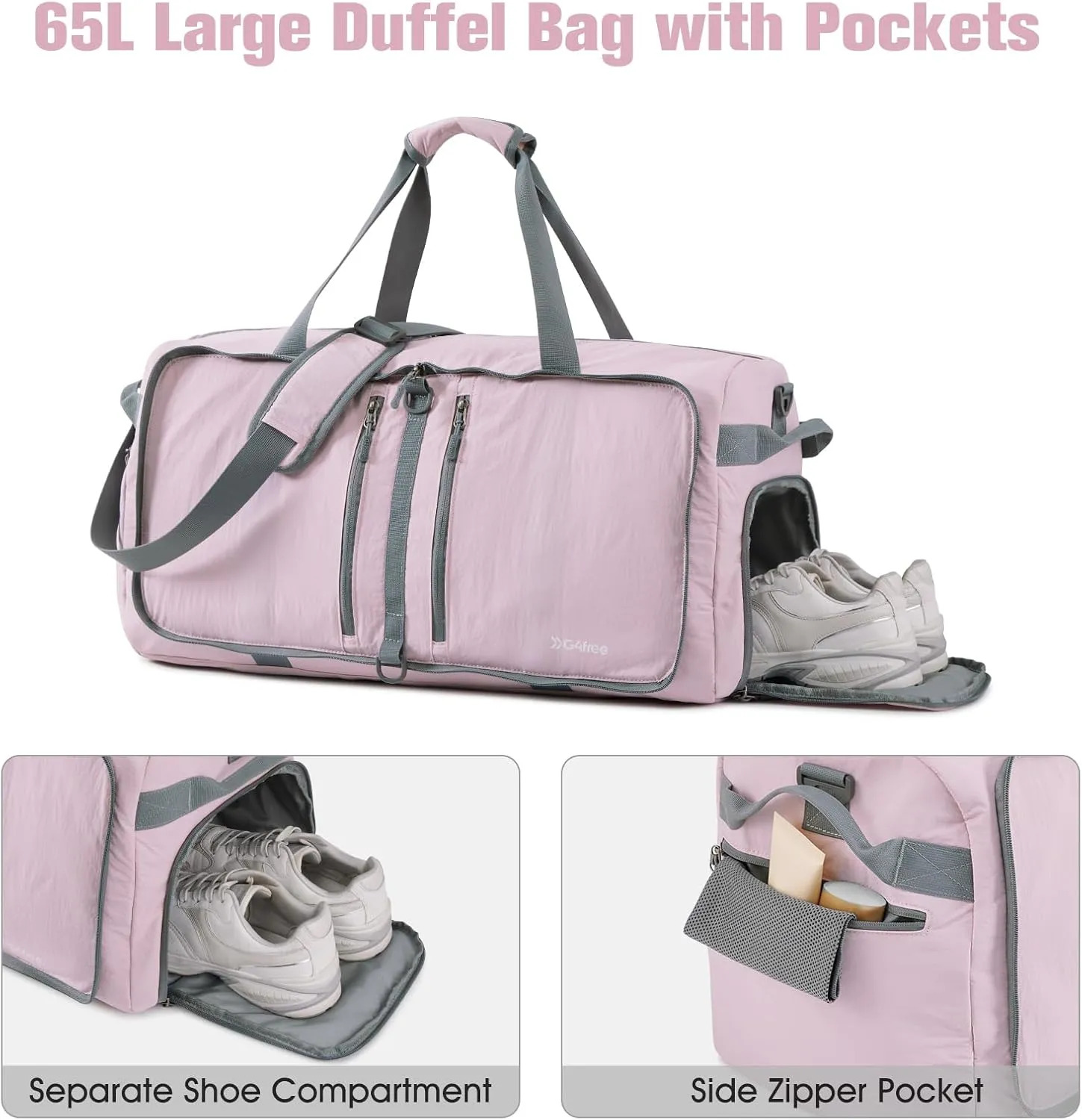 G4Free 65L Foldable Duffle Bag with Shoe Compartment for Travel Large Overnight Carry On Duffel Bag Packable for Women