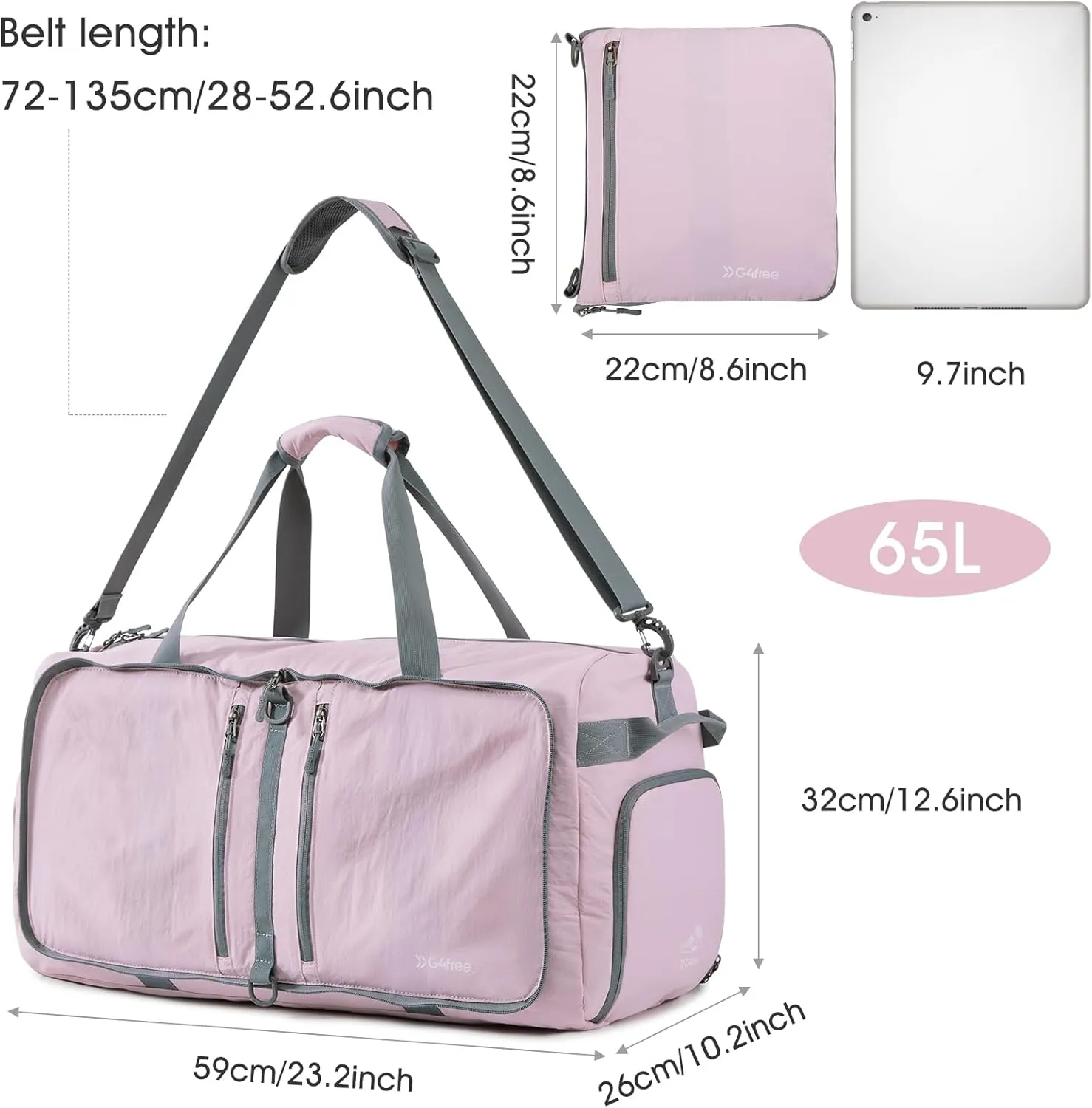 G4Free 65L Foldable Duffle Bag with Shoe Compartment for Travel Large Overnight Carry On Duffel Bag Packable for Women