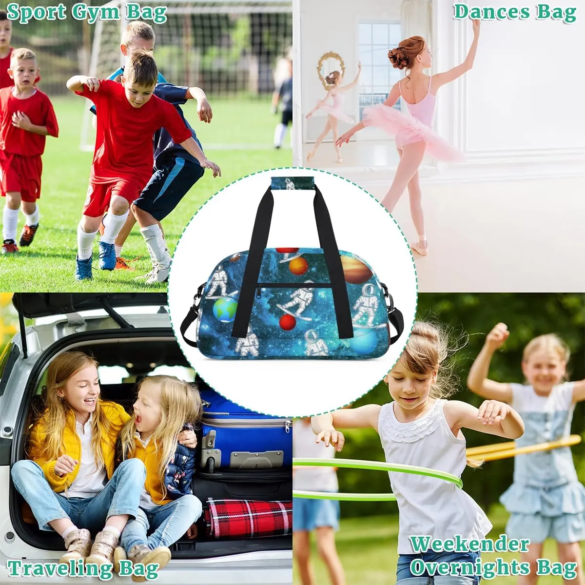 Galaxy Planet Funny Astronaut Boys Girls Gym Bag Dance Perform Training Duffel Bags Weekender Carry-On Tote Luggage Bag Ideal for School Practice or Overnight Trips
