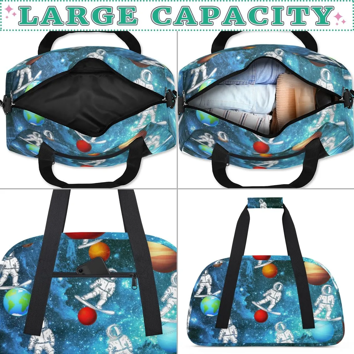 Galaxy Planet Funny Astronaut Boys Girls Gym Bag Dance Perform Training Duffel Bags Weekender Carry-On Tote Luggage Bag Ideal for School Practice or Overnight Trips