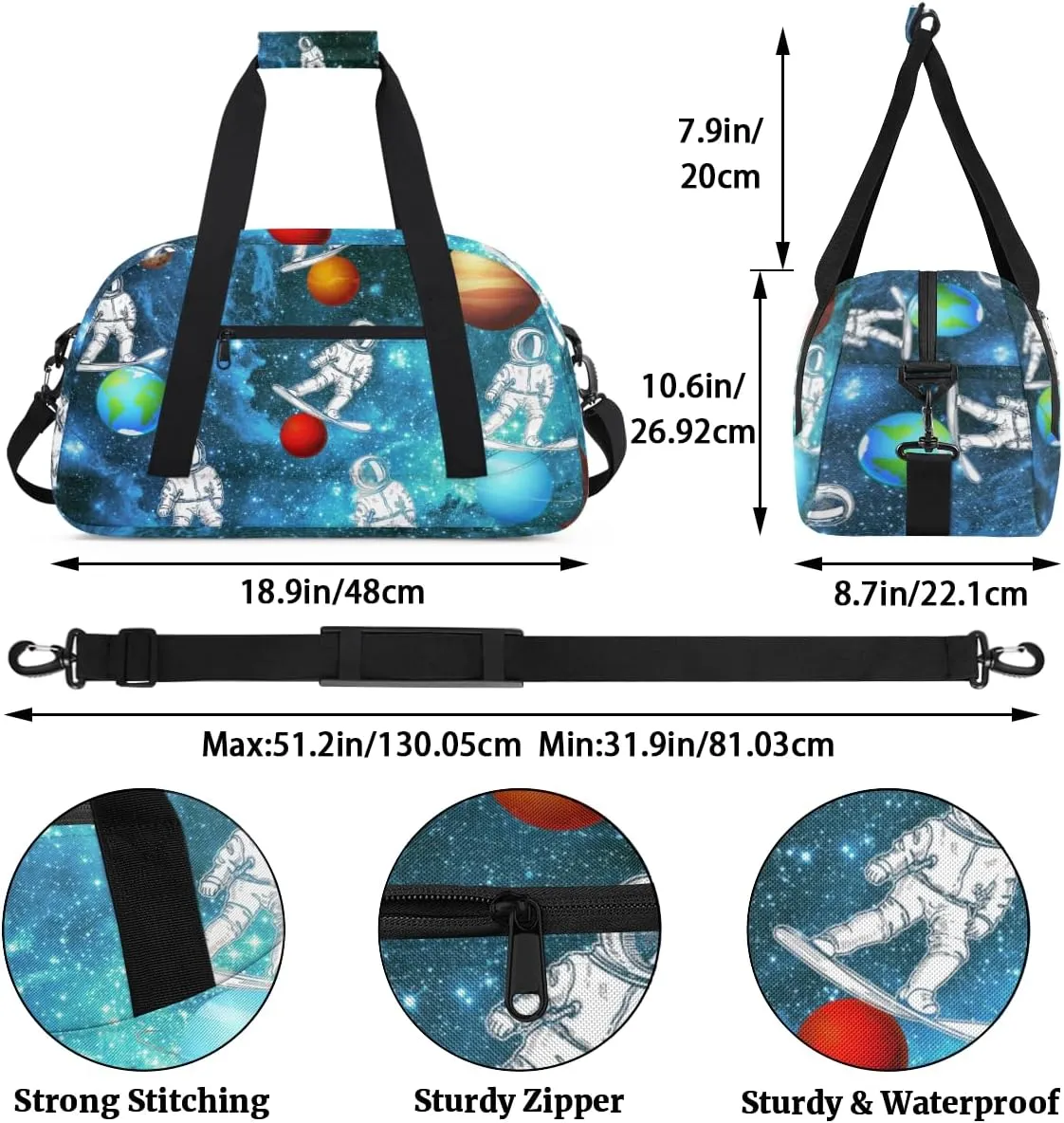 Galaxy Planet Funny Astronaut Boys Girls Gym Bag Dance Perform Training Duffel Bags Weekender Carry-On Tote Luggage Bag Ideal for School Practice or Overnight Trips