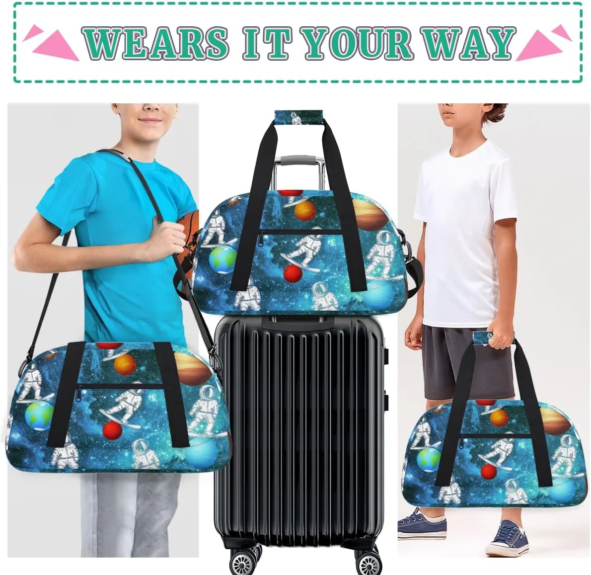 Galaxy Planet Funny Astronaut Boys Girls Gym Bag Dance Perform Training Duffel Bags Weekender Carry-On Tote Luggage Bag Ideal for School Practice or Overnight Trips