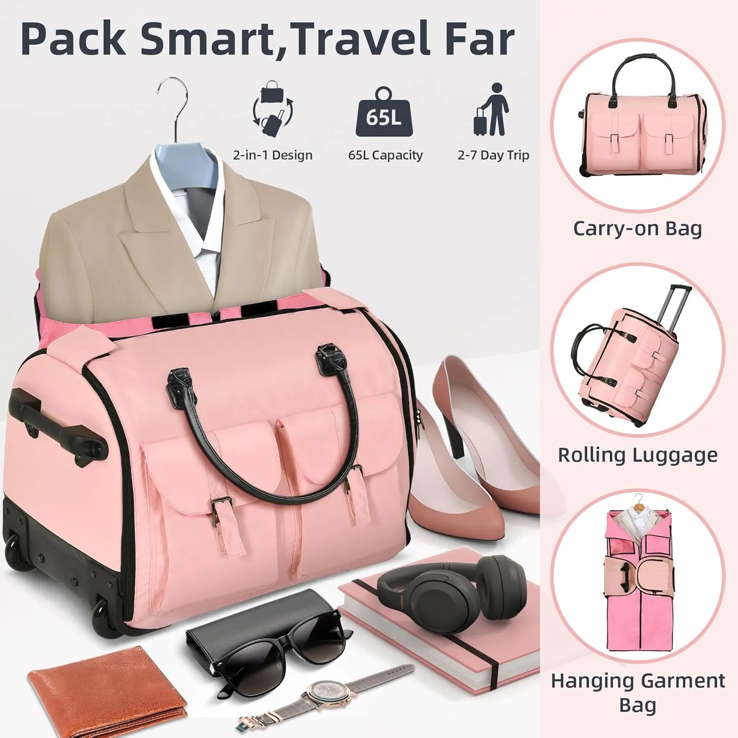 Garment Duffle Bag with Wheels for Travel, Light Pink
