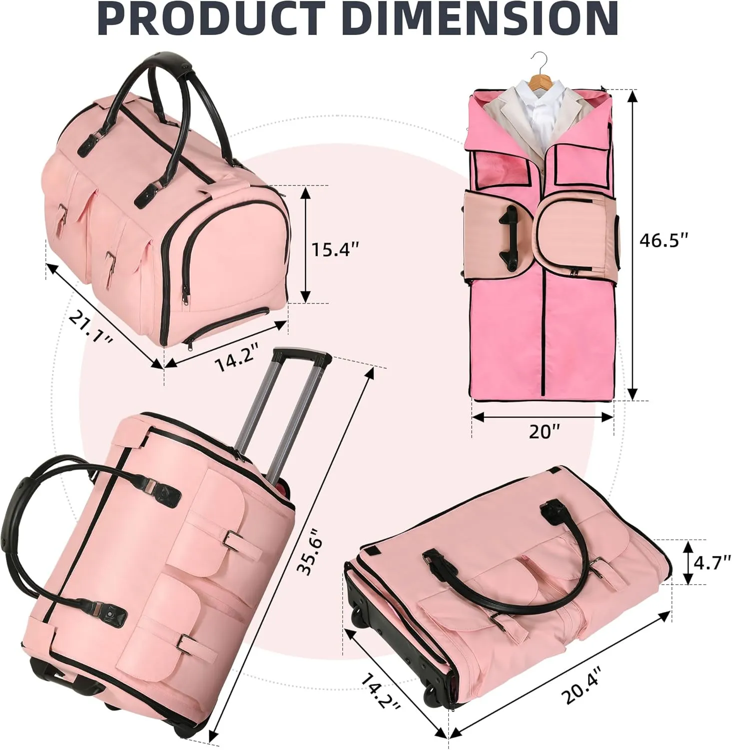 Garment Duffle Bag with Wheels for Travel, Light Pink