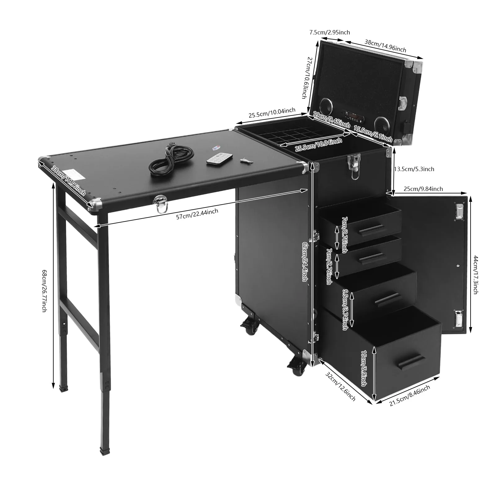 Gbonklong Professional Rolling Makeup Case, Foldable Nail Tables Travel Cosmetic Trolley Storage Organizer with 4 Drawers Mirror & Speaker Black Nail Table Artist Travel Organizer