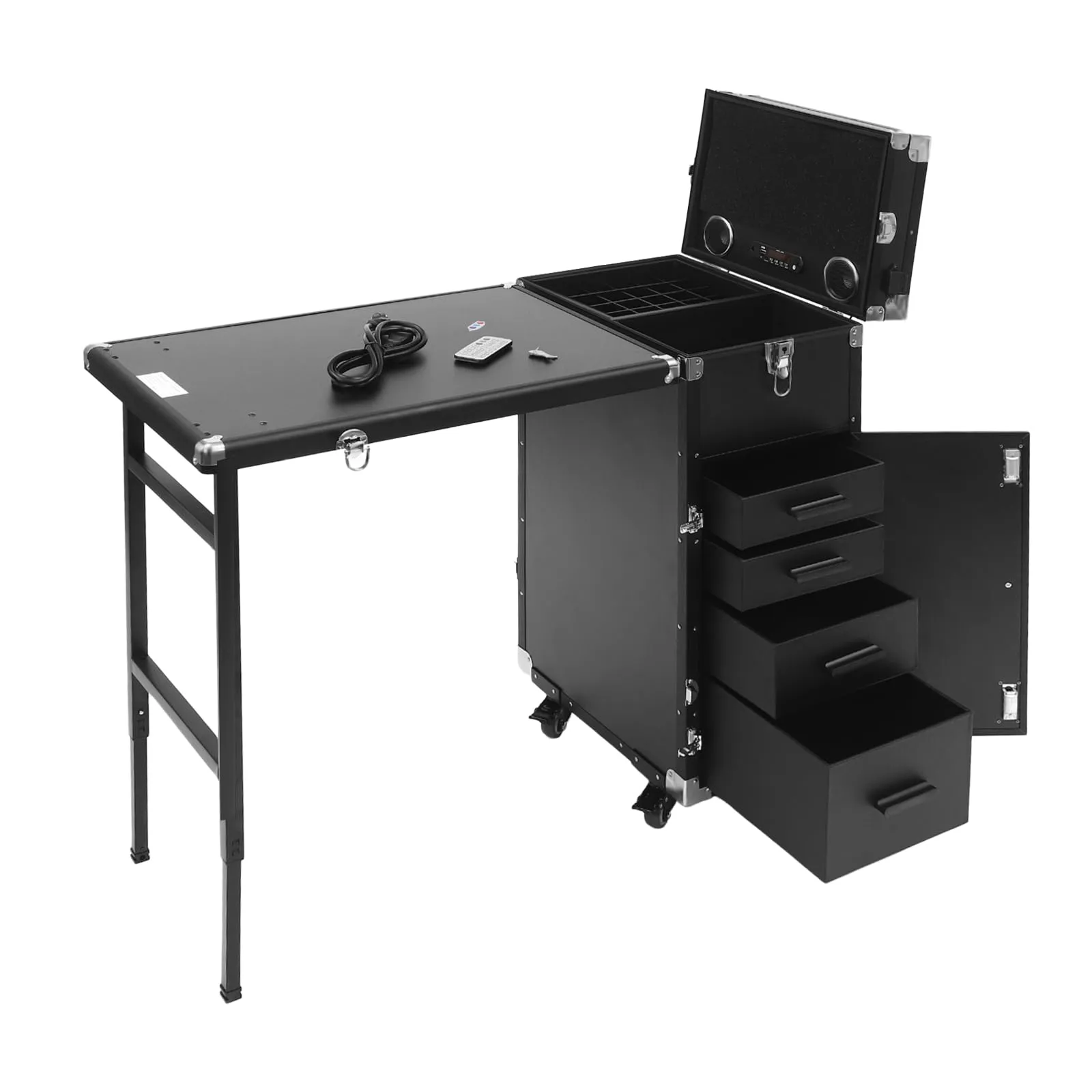 Gbonklong Professional Rolling Makeup Case, Foldable Nail Tables Travel Cosmetic Trolley Storage Organizer with 4 Drawers Mirror & Speaker Black Nail Table Artist Travel Organizer