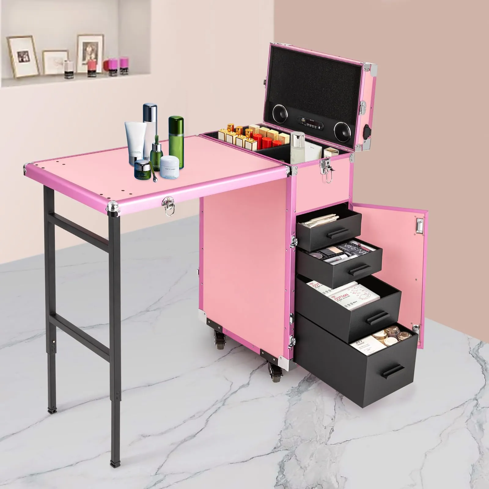 Gbonklong Professional Rolling Makeup Case, Foldable Nail Tables Travel Cosmetic Trolley Storage Organizer with 4 Drawers Mirror & Speaker Pink Nail Table Artist Travel Organizer (Pink)