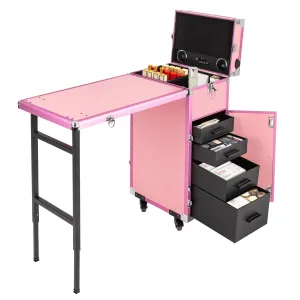 Gbonklong Professional Rolling Makeup Case, Foldable Nail Tables Travel Cosmetic Trolley Storage Organizer with 4 Drawers Mirror & Speaker Pink Nail Table Artist Travel Organizer (Pink)
