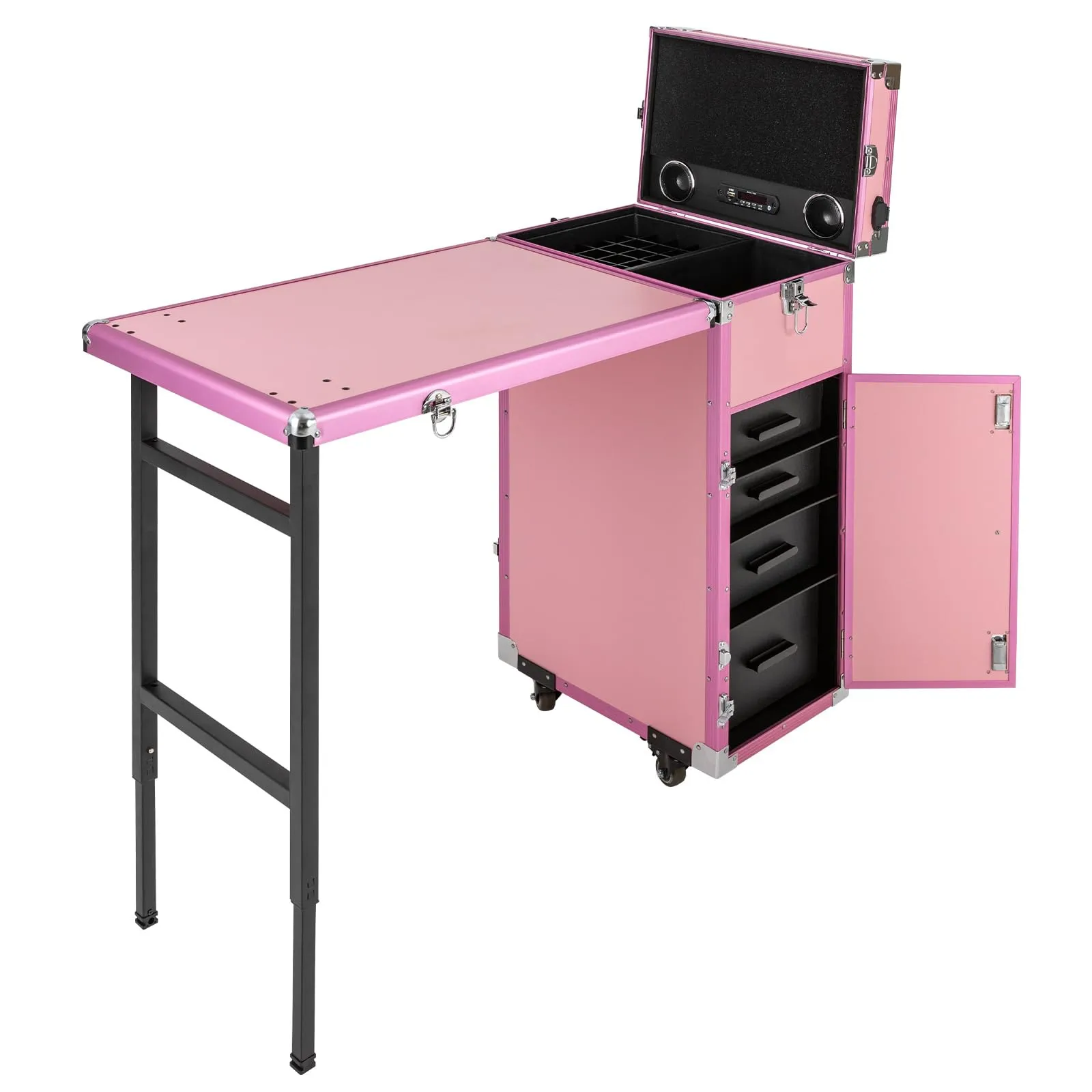 Gbonklong Professional Rolling Makeup Case, Foldable Nail Tables Travel Cosmetic Trolley Storage Organizer with 4 Drawers Mirror & Speaker Pink Nail Table Artist Travel Organizer (Pink)