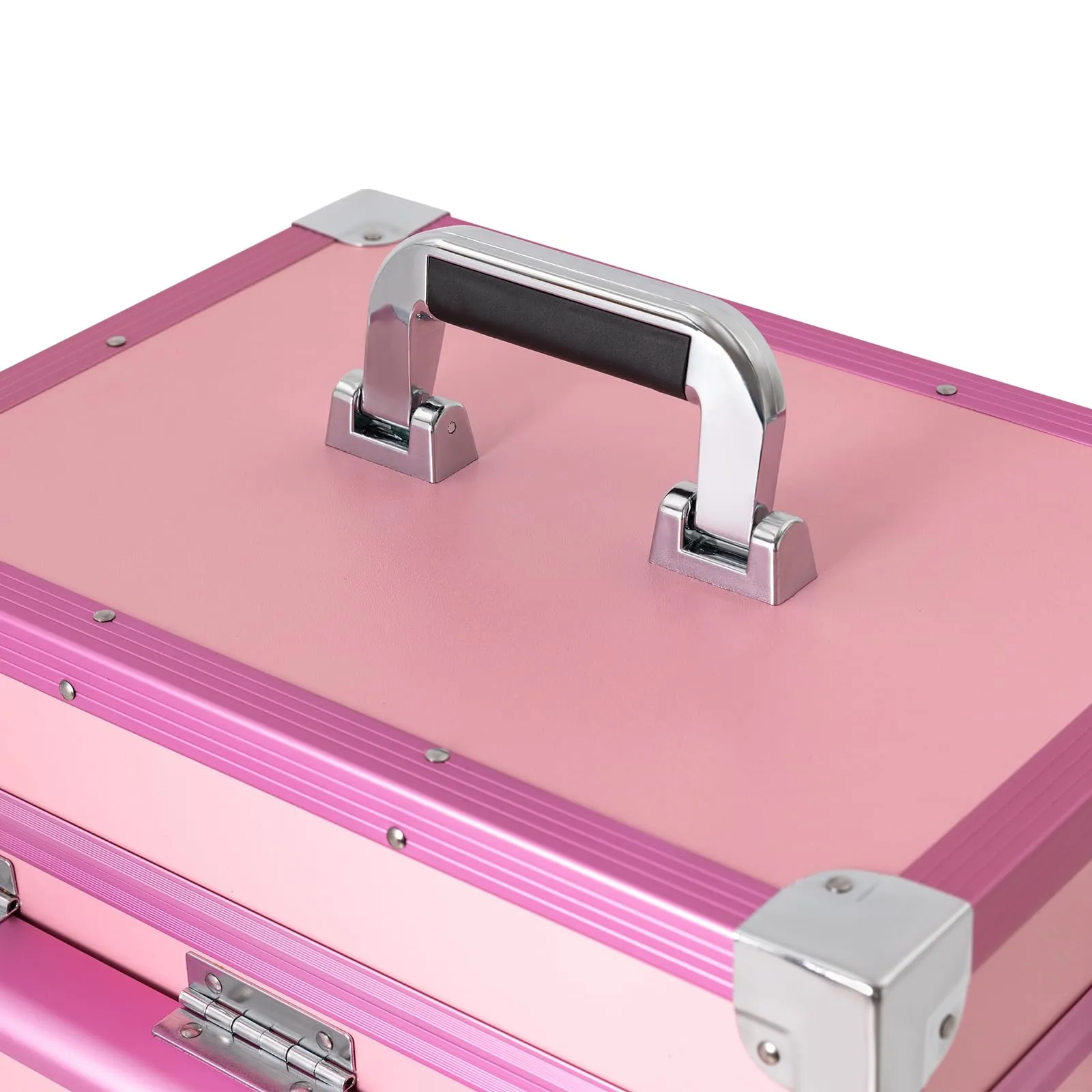Gbonklong Professional Rolling Makeup Case, Foldable Nail Tables Travel Cosmetic Trolley Storage Organizer with 4 Drawers Mirror & Speaker Pink Nail Table Artist Travel Organizer (Pink)