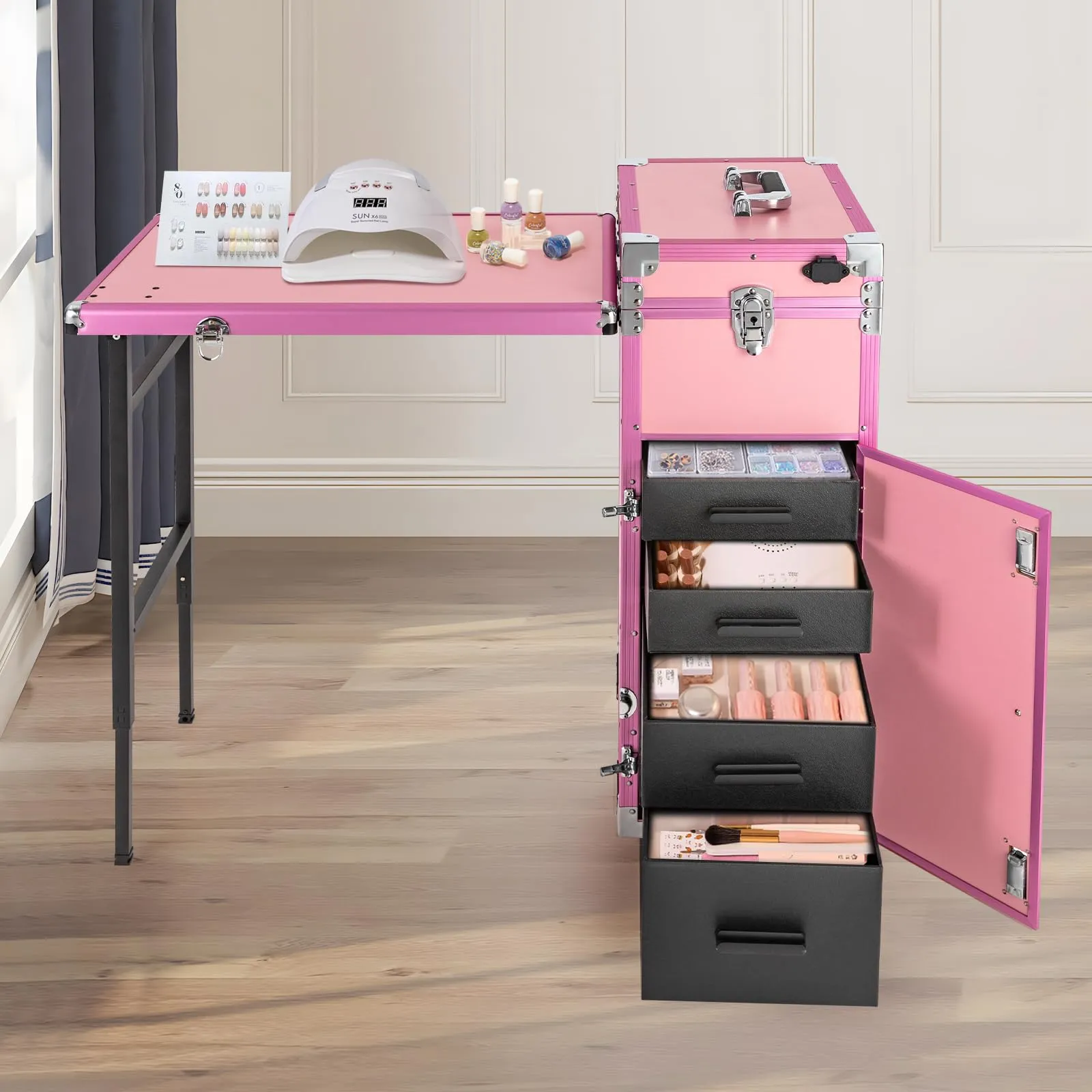 Gbonklong Professional Rolling Makeup Case, Foldable Nail Tables Travel Cosmetic Trolley Storage Organizer with 4 Drawers Mirror & Speaker Pink Nail Table Artist Travel Organizer (Pink)