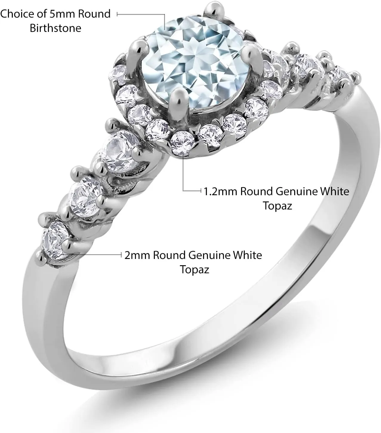Gem Stone King Customized and Personalized Engagement Ring For Women with 5MM Round Gemstone Birthstone and White Created Sapphire In 925 Sterling Silver | Available In Size 5, 6, 7, 8, 9