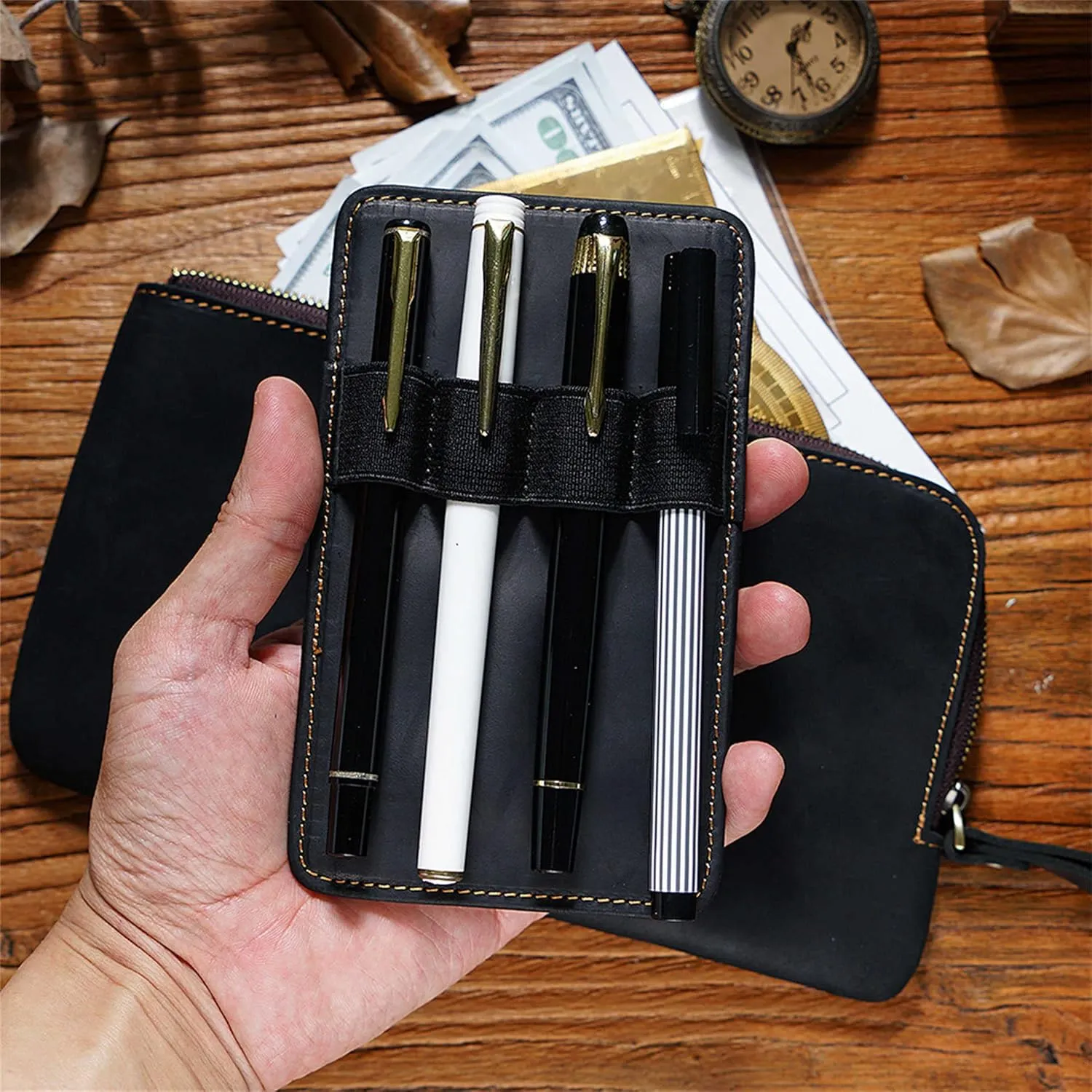 Genuine leather large capacity pencil case. Zip Pouch, Accessories holder, Stationery Bag, Retro handmade artwork. (Black)