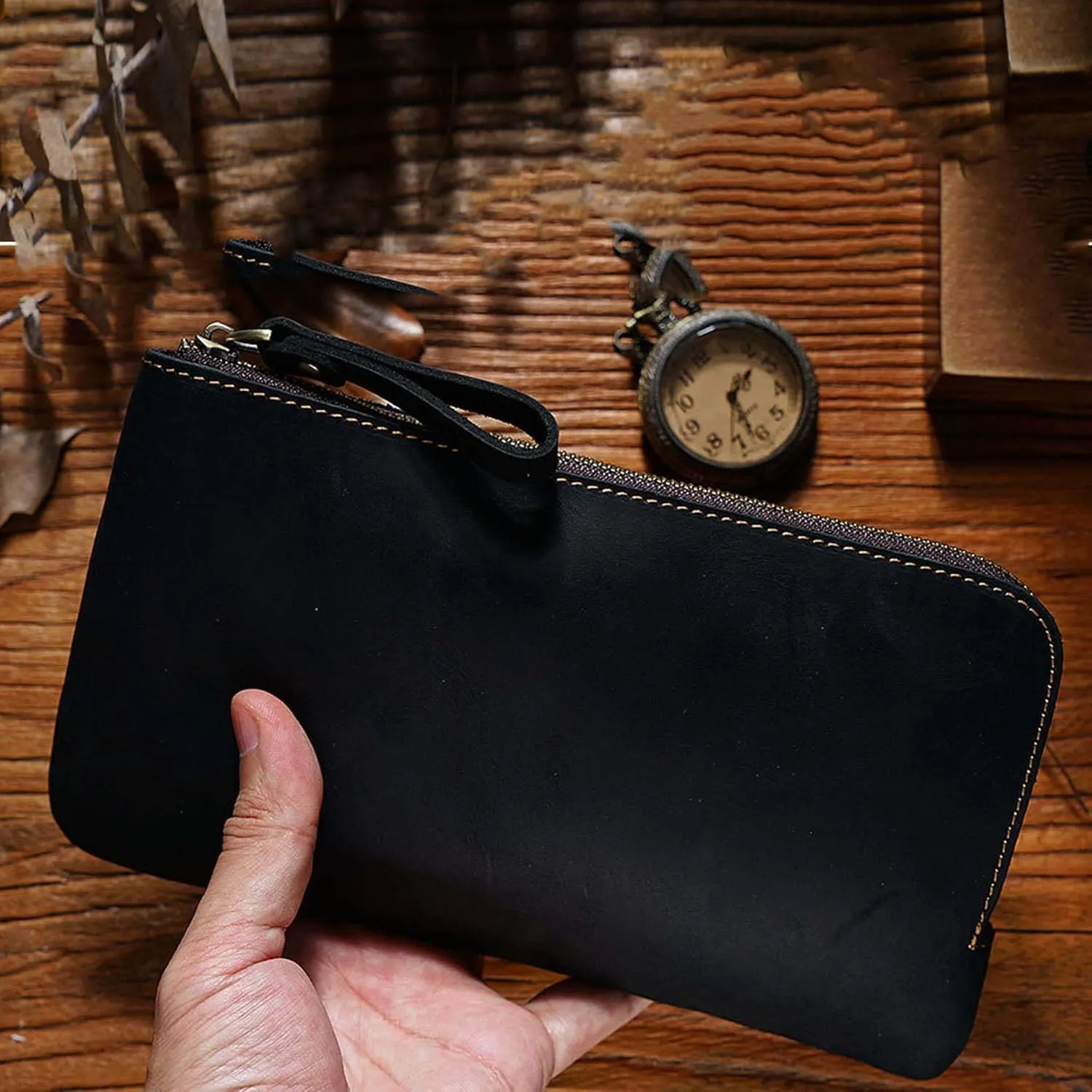 Genuine leather large capacity pencil case. Zip Pouch, Accessories holder, Stationery Bag, Retro handmade artwork. (Black)