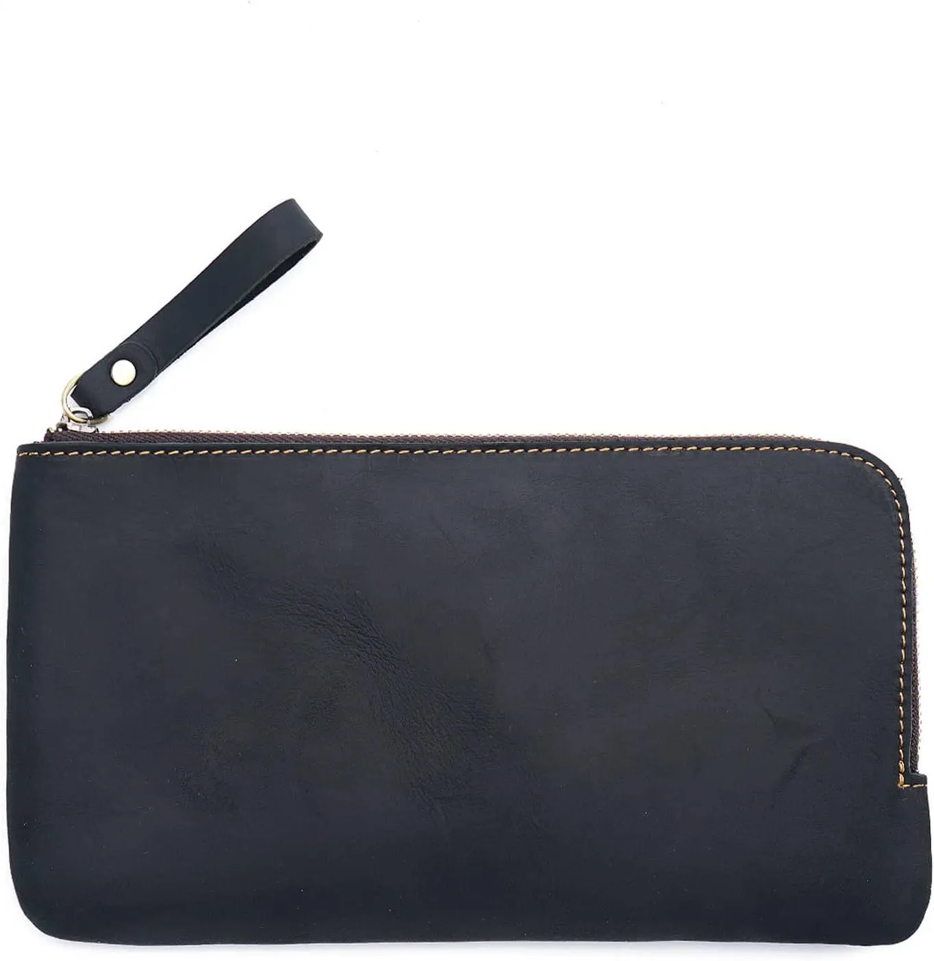 Genuine leather large capacity pencil case. Zip Pouch, Accessories holder, Stationery Bag, Retro handmade artwork. (Black)