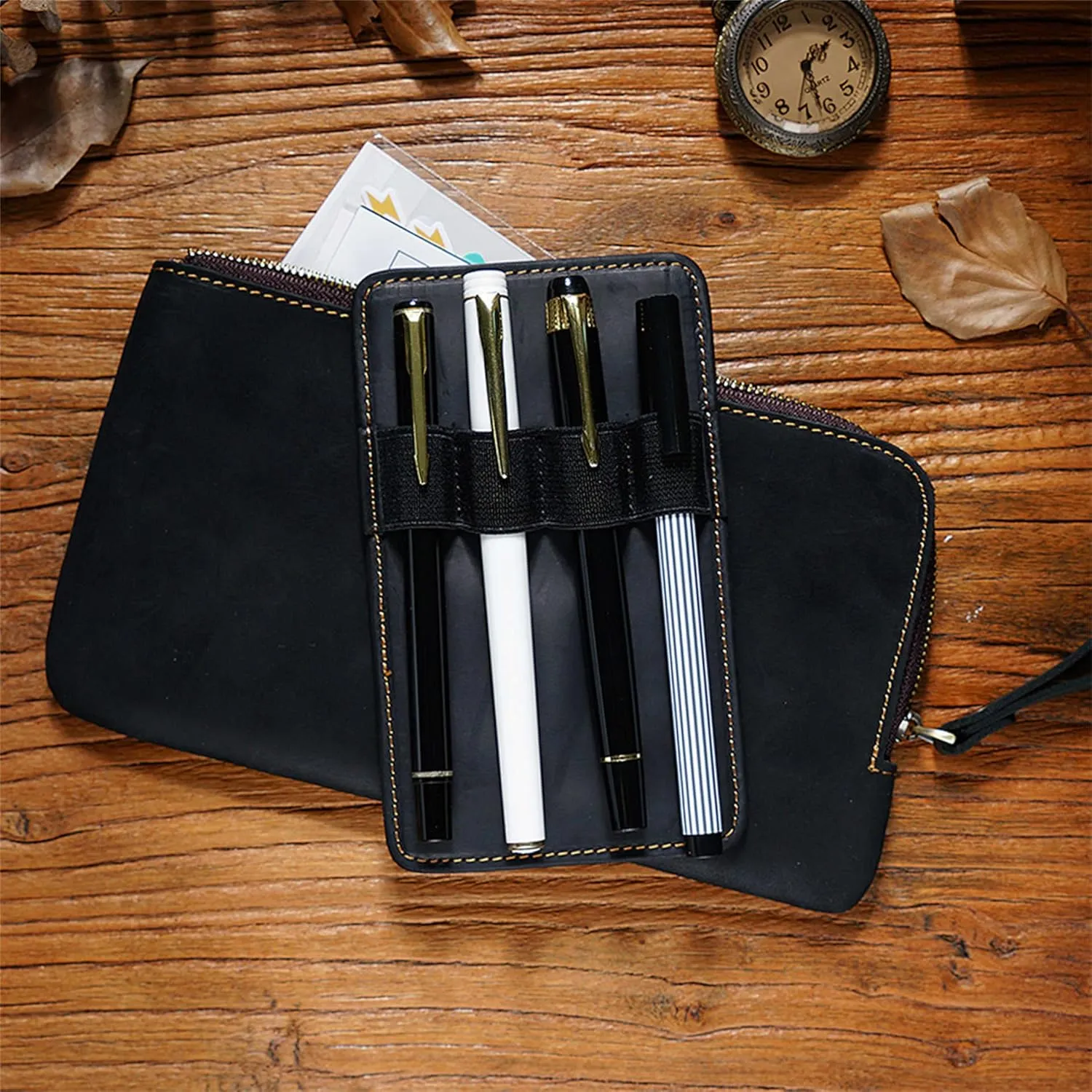 Genuine leather large capacity pencil case. Zip Pouch, Accessories holder, Stationery Bag, Retro handmade artwork. (Black)