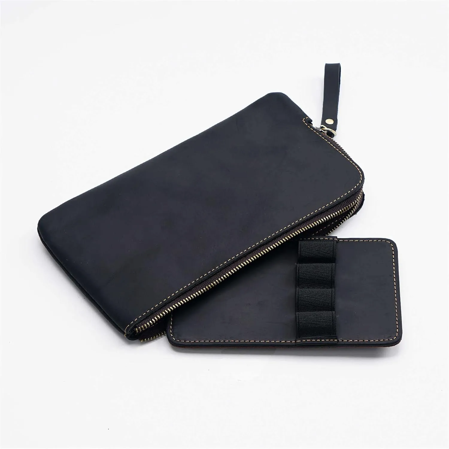 Genuine leather large capacity pencil case. Zip Pouch, Accessories holder, Stationery Bag, Retro handmade artwork. (Black)