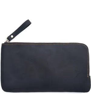 Genuine leather large capacity pencil case. Zip Pouch, Accessories holder, Stationery Bag, Retro handmade artwork. (Black)