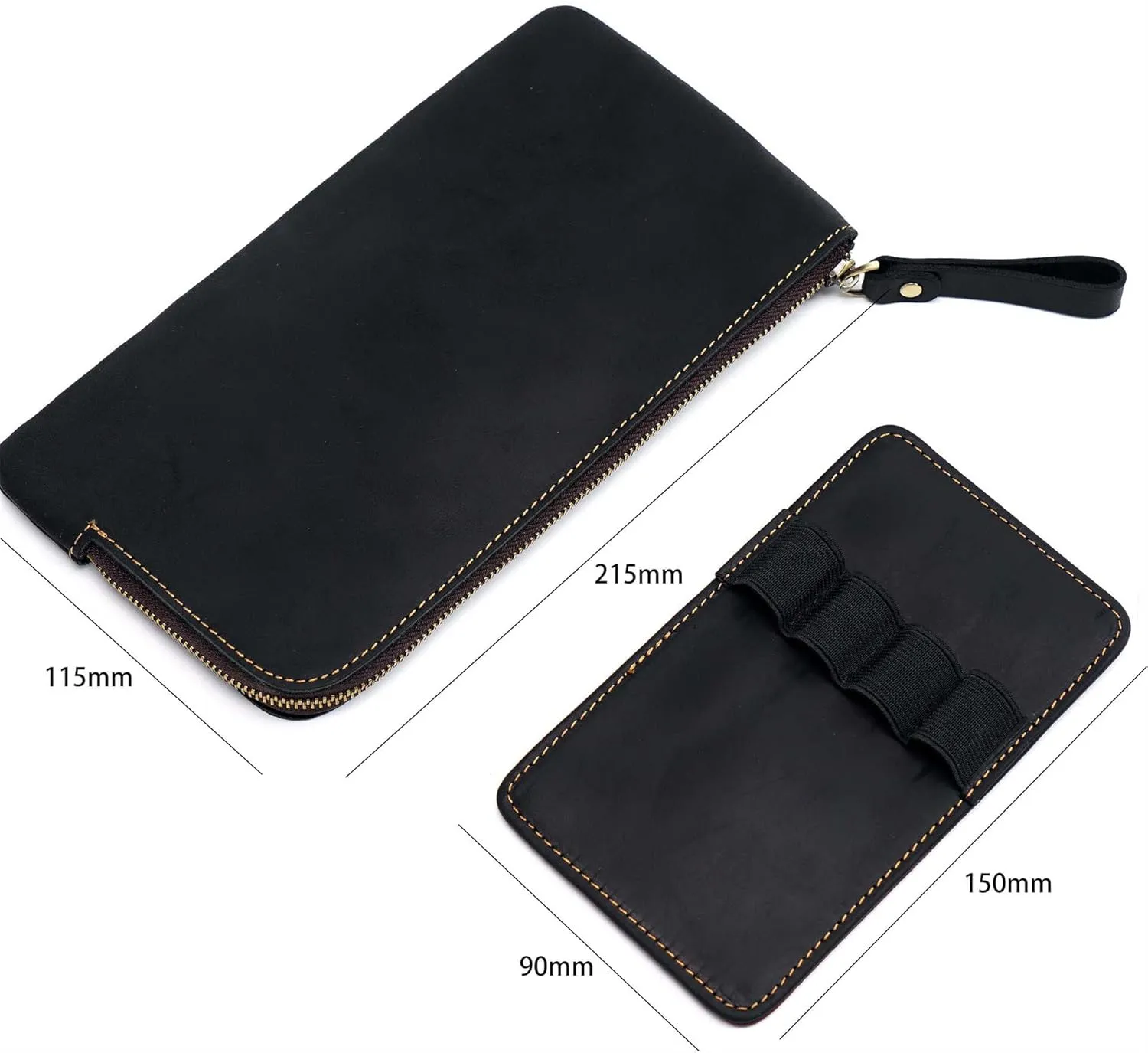 Genuine leather large capacity pencil case. Zip Pouch, Accessories holder, Stationery Bag, Retro handmade artwork. (Black)