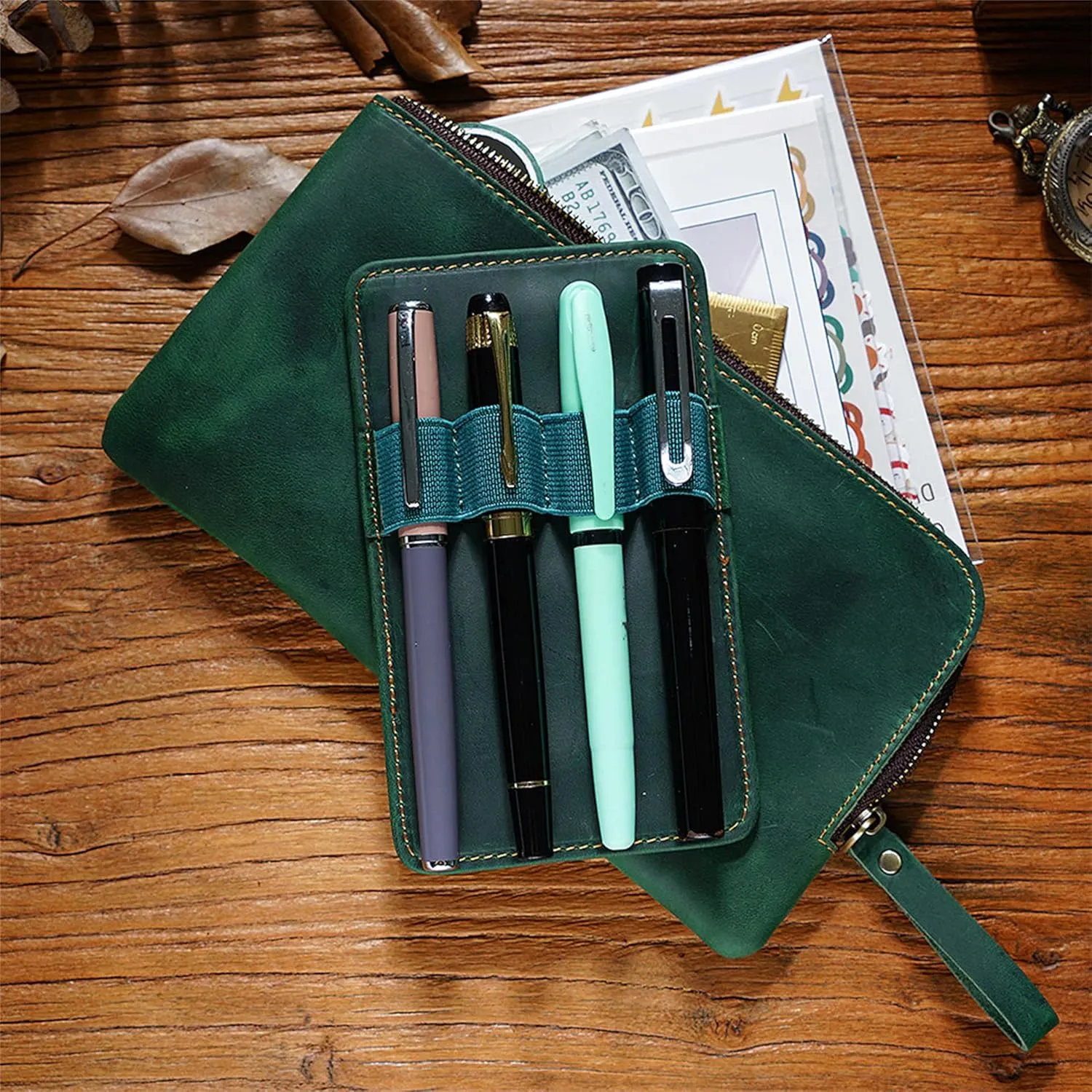 Genuine leather large capacity pencil case. Zip Pouch, Accessories holder, Stationery Bag, Retro handmade artwork. (Green)