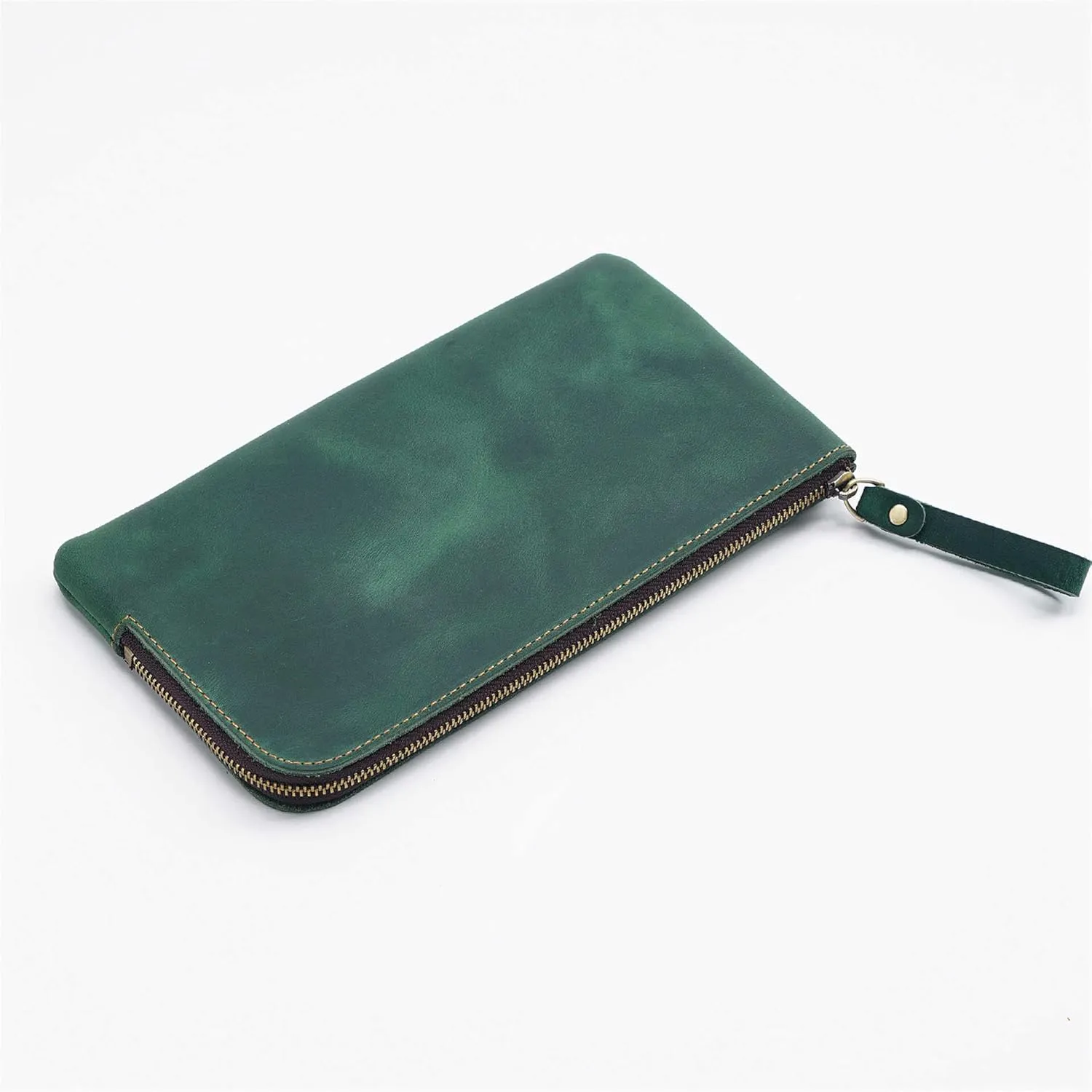 Genuine leather large capacity pencil case. Zip Pouch, Accessories holder, Stationery Bag, Retro handmade artwork. (Green)