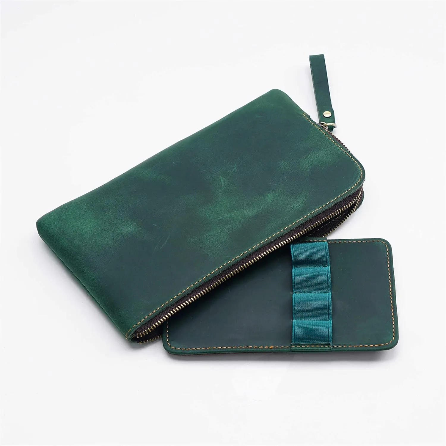 Genuine leather large capacity pencil case. Zip Pouch, Accessories holder, Stationery Bag, Retro handmade artwork. (Green)