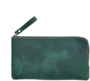 Genuine leather large capacity pencil case. Zip Pouch, Accessories holder, Stationery Bag, Retro handmade artwork. (Green)