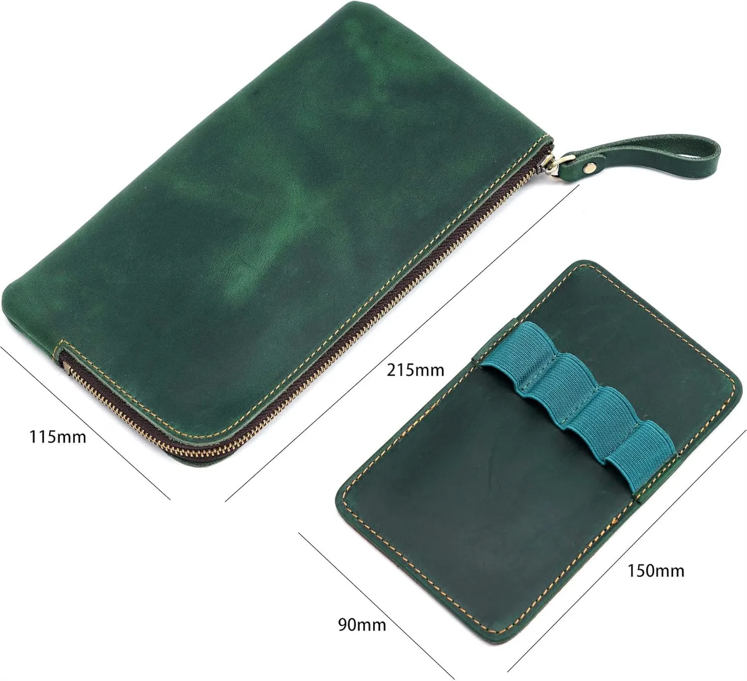Genuine leather large capacity pencil case. Zip Pouch, Accessories holder, Stationery Bag, Retro handmade artwork. (Green)