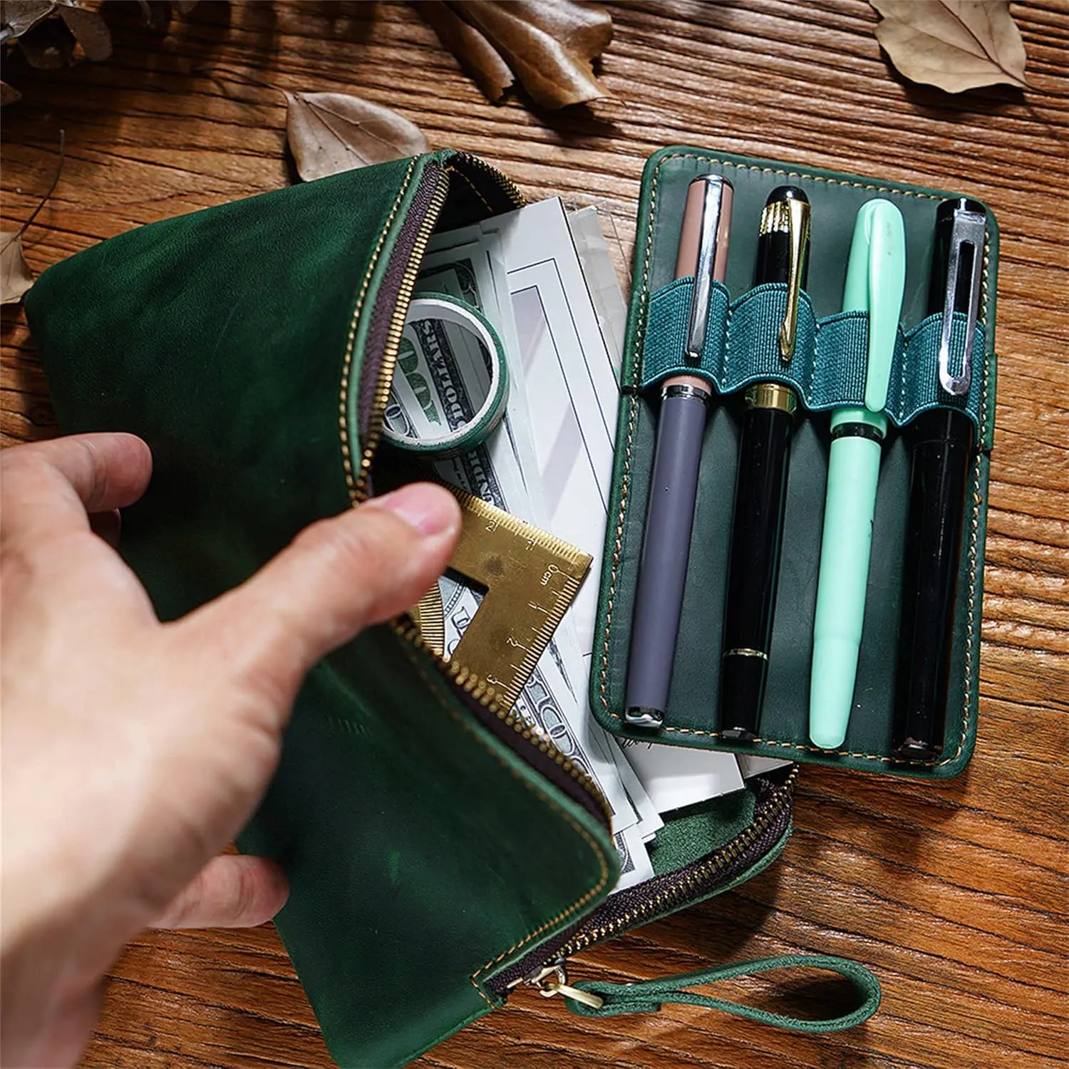 Genuine leather large capacity pencil case. Zip Pouch, Accessories holder, Stationery Bag, Retro handmade artwork. (Green)